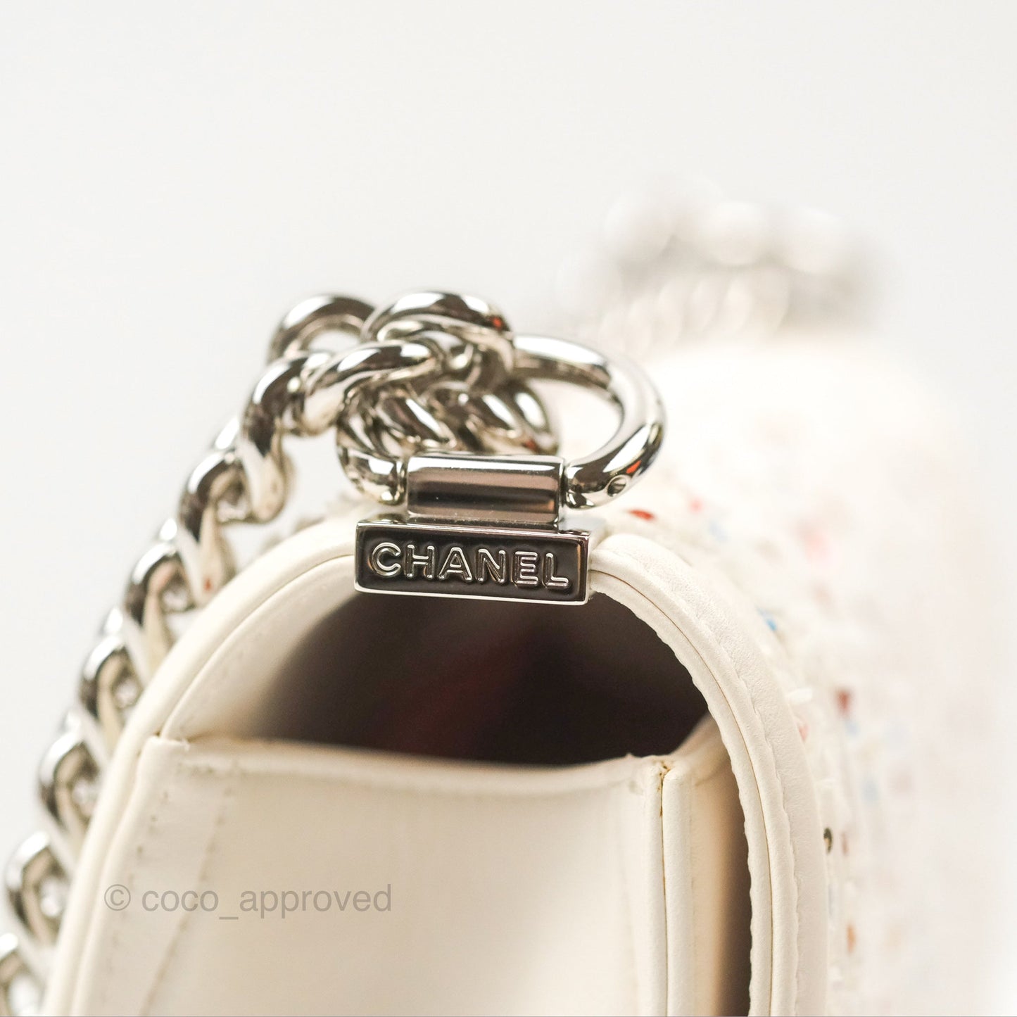 Chanel Medium Boy Sequins Quilted White Lambskin Silver Hardware