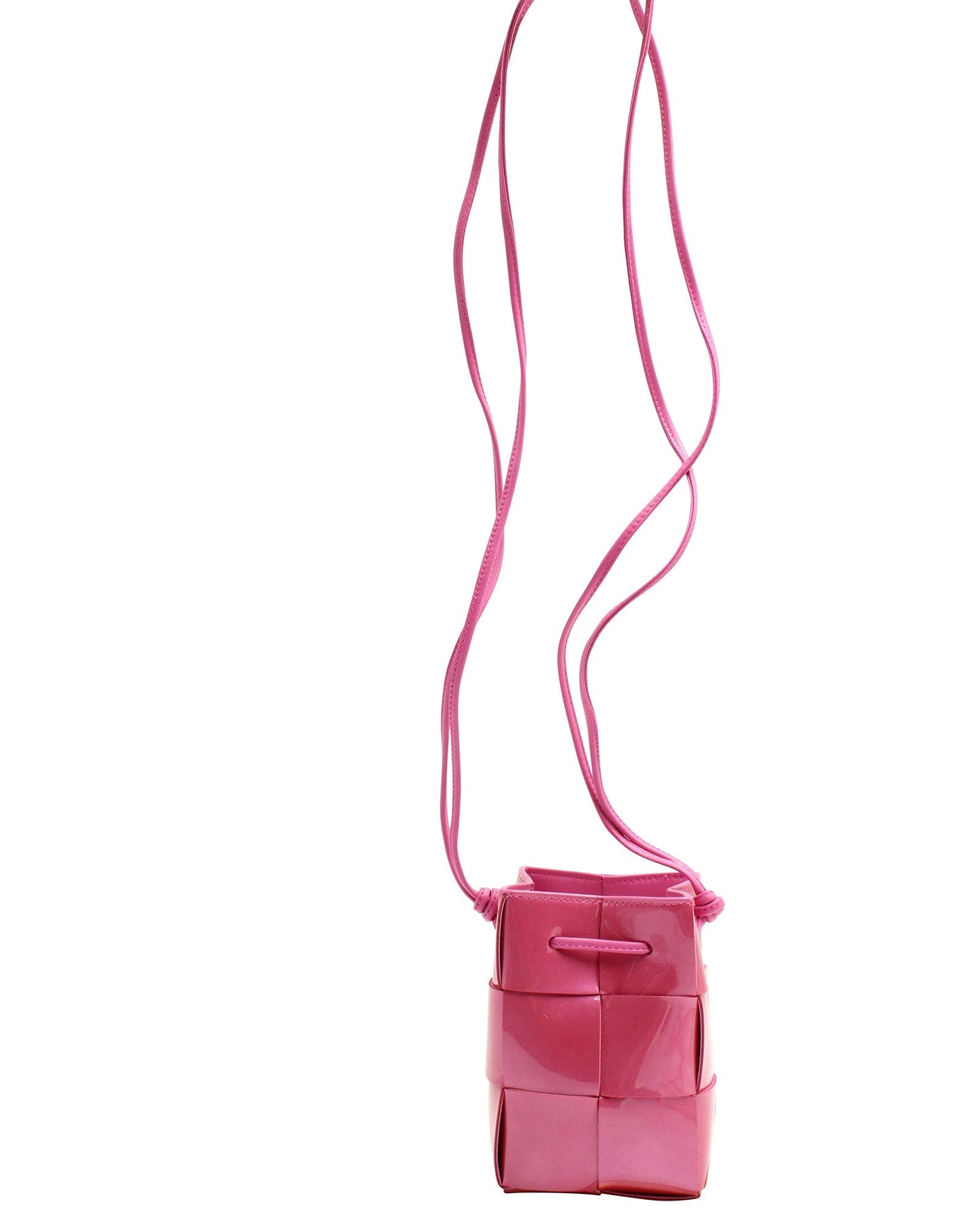 Luxury Bottega Veneta Cassette Mini Intrecciato Crossbody in Pink Patent Leather