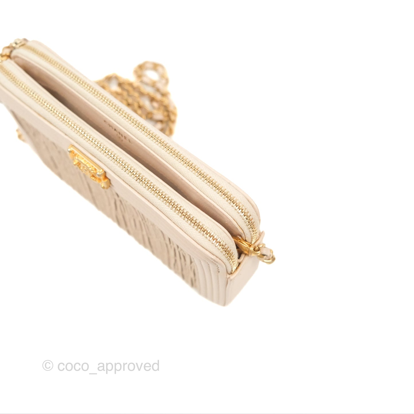 Chanel Boy Double Zip Clutch On Chain Chevron Pale Beige Aged Gold Hardware