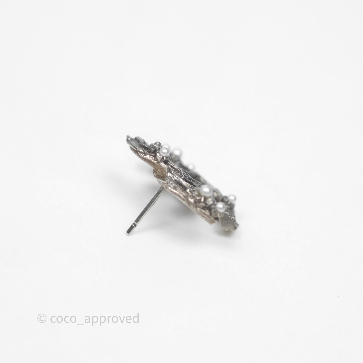 Chanel CC Pearl Earrings Ruthenium Tone 14P