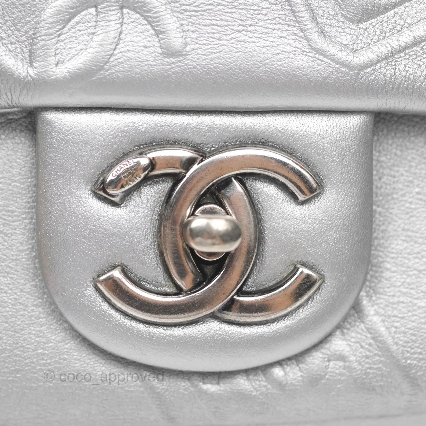 Chanel Medium Single Flap Embossed Metallic Silver Lambskin Ruthenium Hardware