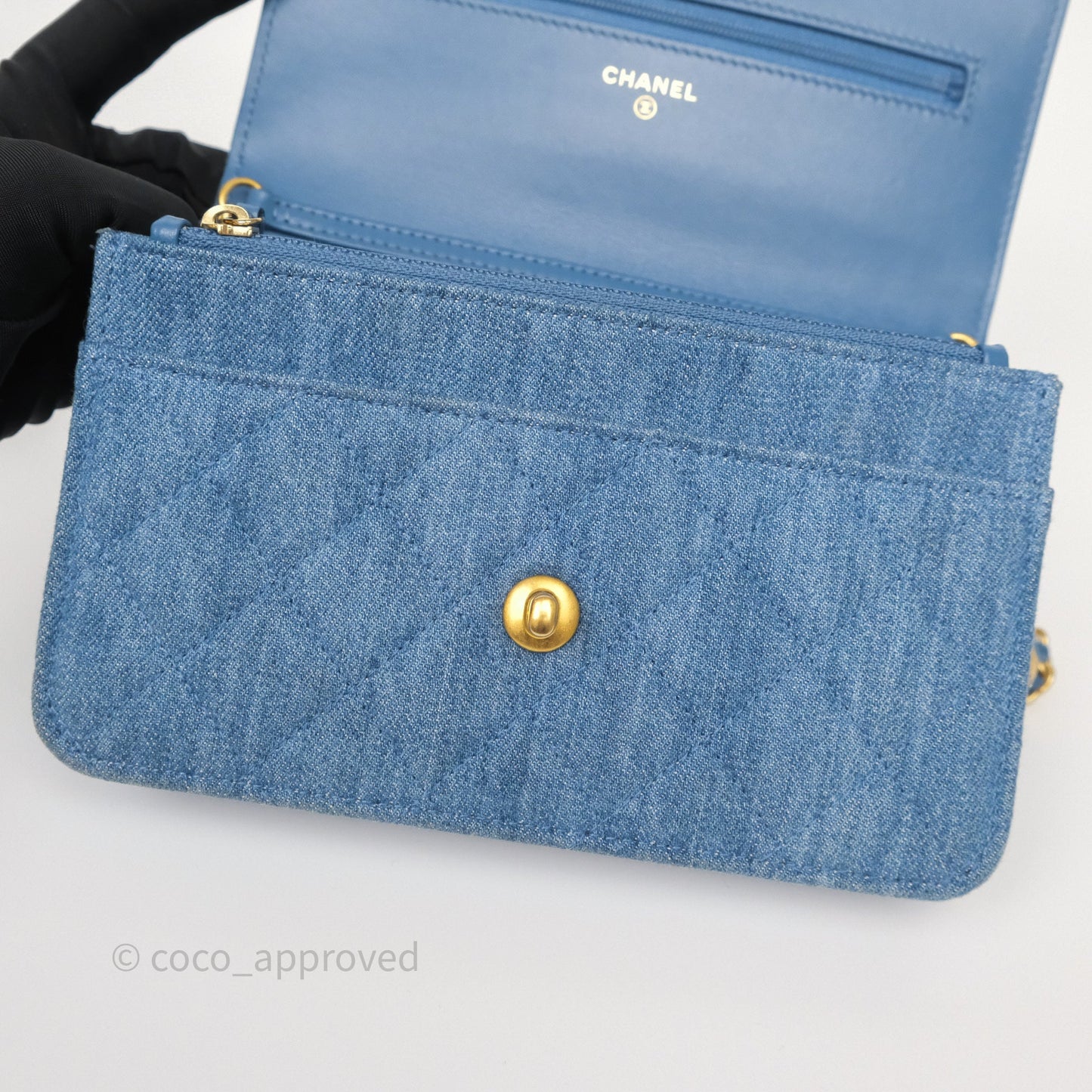 Chanel Quilted Pearl Crush Wallet on Chain WOC Denim Aged Gold Hardware