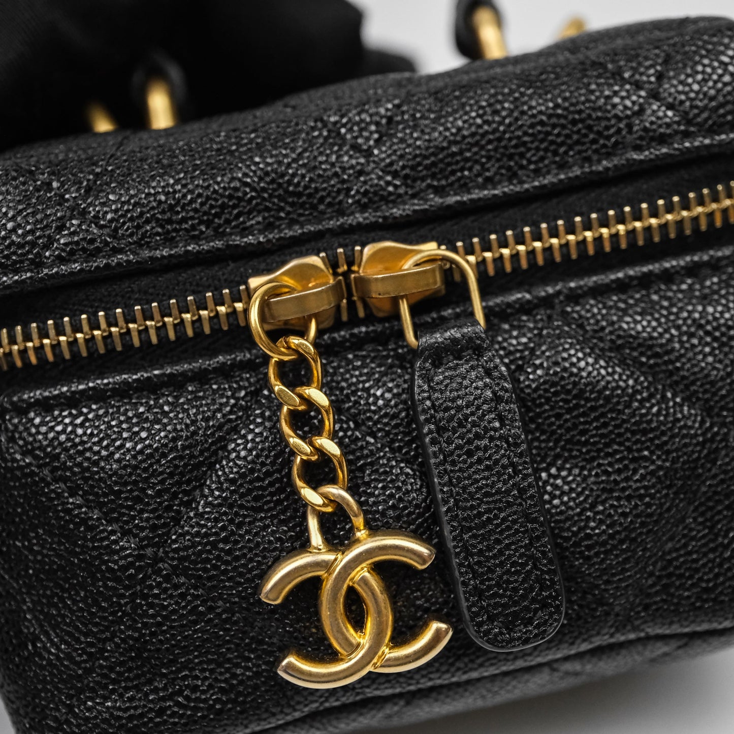 Chanel Quilted Mini Top Handle Vanity With Chain Black Caviar Aged Gold Hardware