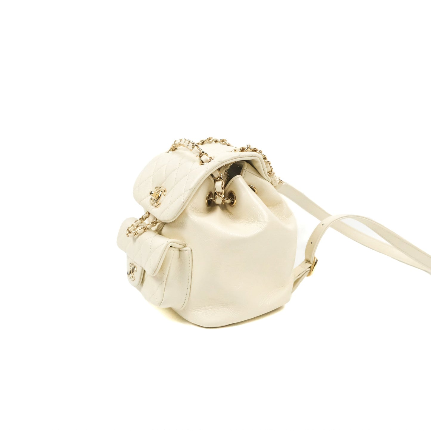 Chanel Quilted Small Duma Drawstring Backpack Ivory White Calfskin Gold Hardware