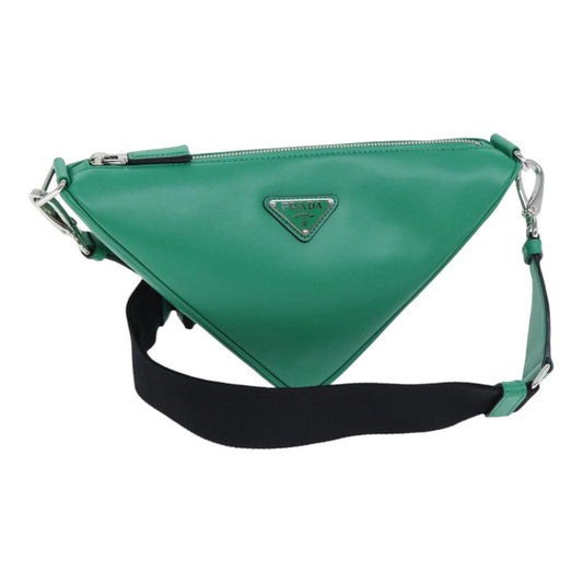 Luxury Prada Triangle Shoulder Bag Leather Green Silver  89412S