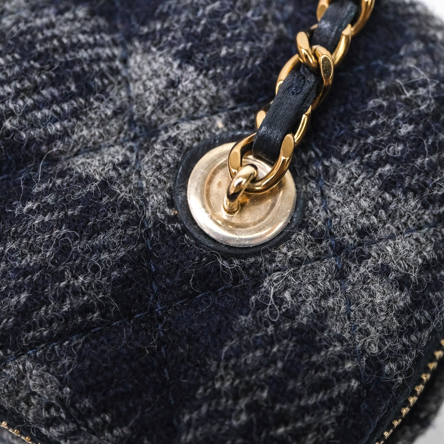 Chanel Vanity With Chain Navy Tweed Plaid Gold Hardware