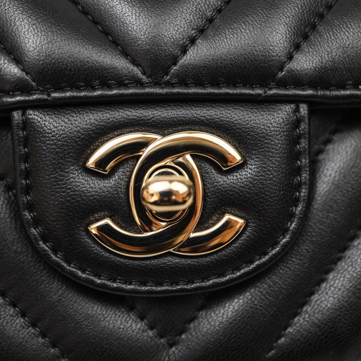 Chanel Quilted Mini Rectangular Chevron Black Lambskin Gold Hardware