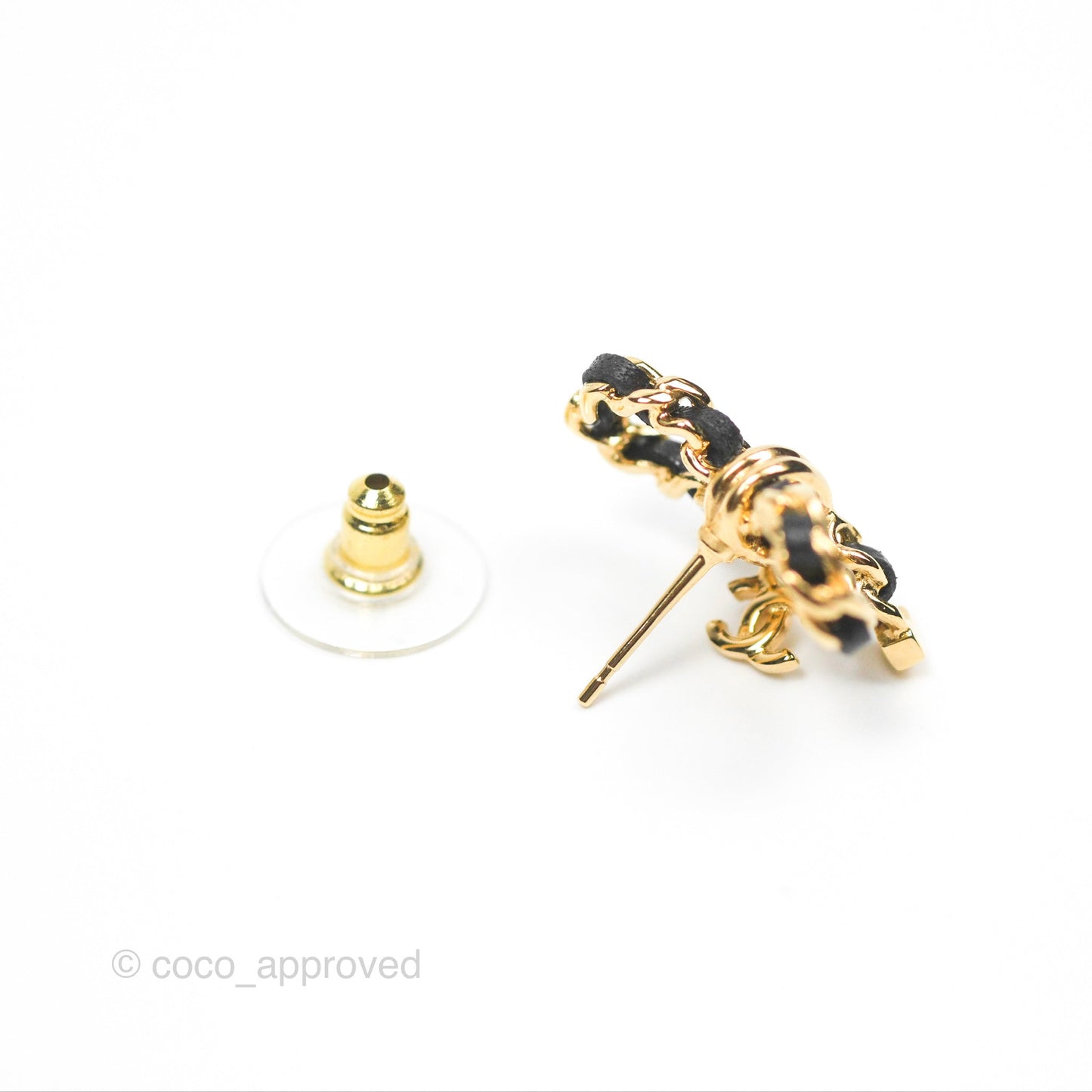 Chanel Lambskin Chain Bow Stud Earrings Black Gold 23V