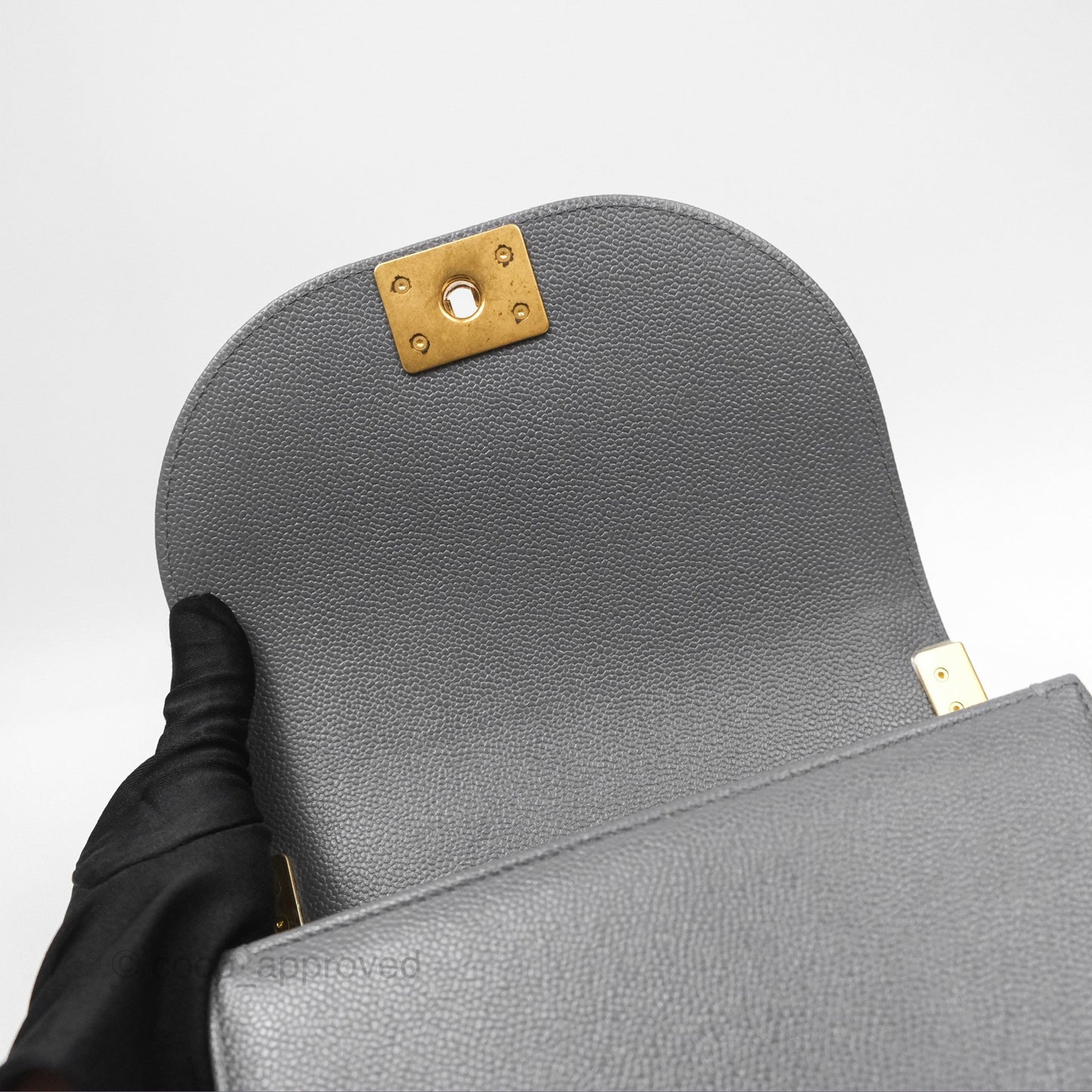 Chanel Boy Messenger Bag Grey Caviar Aged Gold Hardware