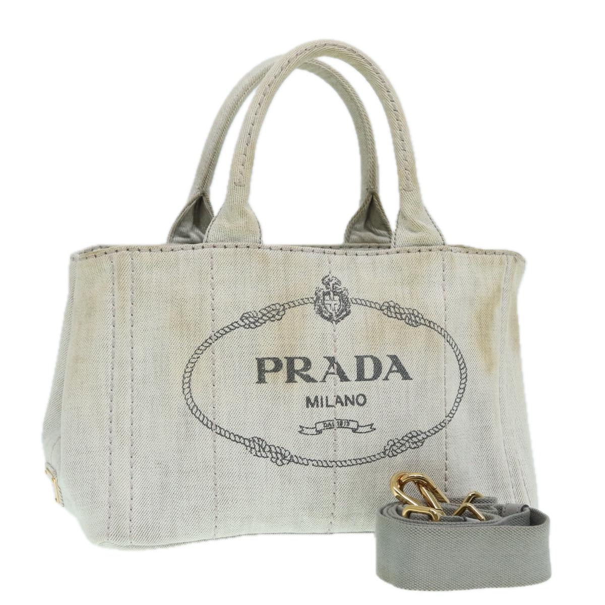 Luxury Prada Canapa PM Hand Bag Canvas 2way Gray Gold  89520