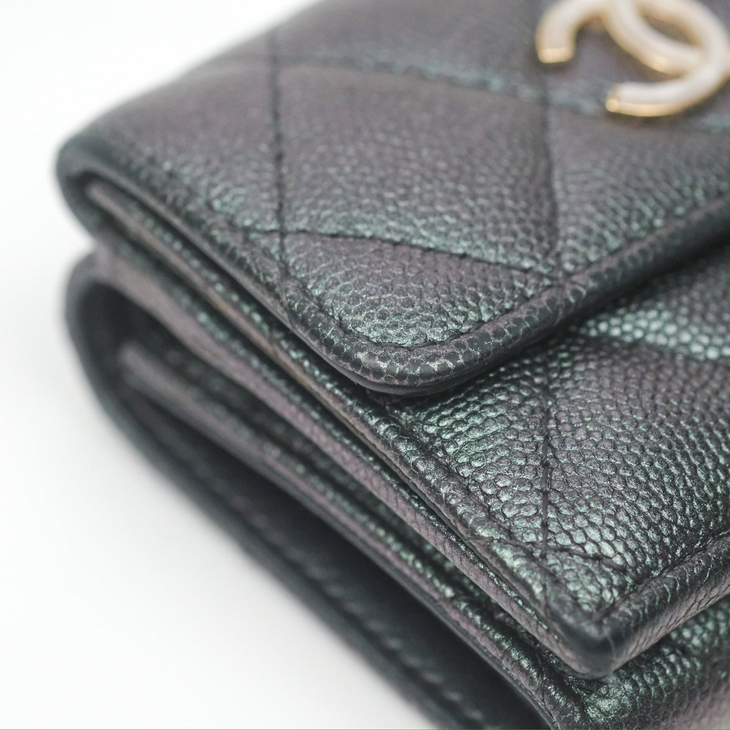 Chanel Quilted White CC Short Wallet Iridescent Green Purple Gold Hardware