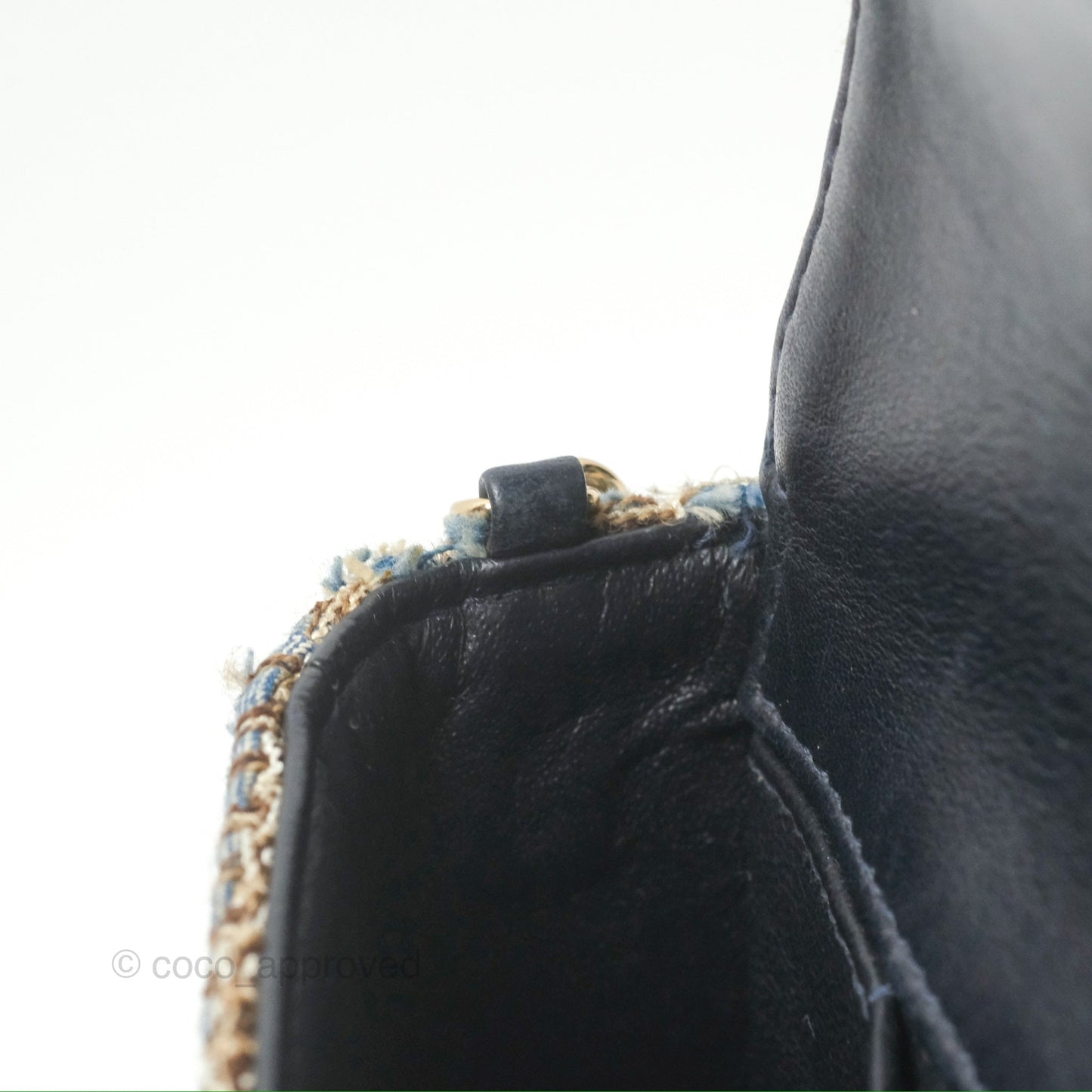 Chanel East West Chocolate Bar Flap Bag Grey Blue Tweed 24K Gold Hardware