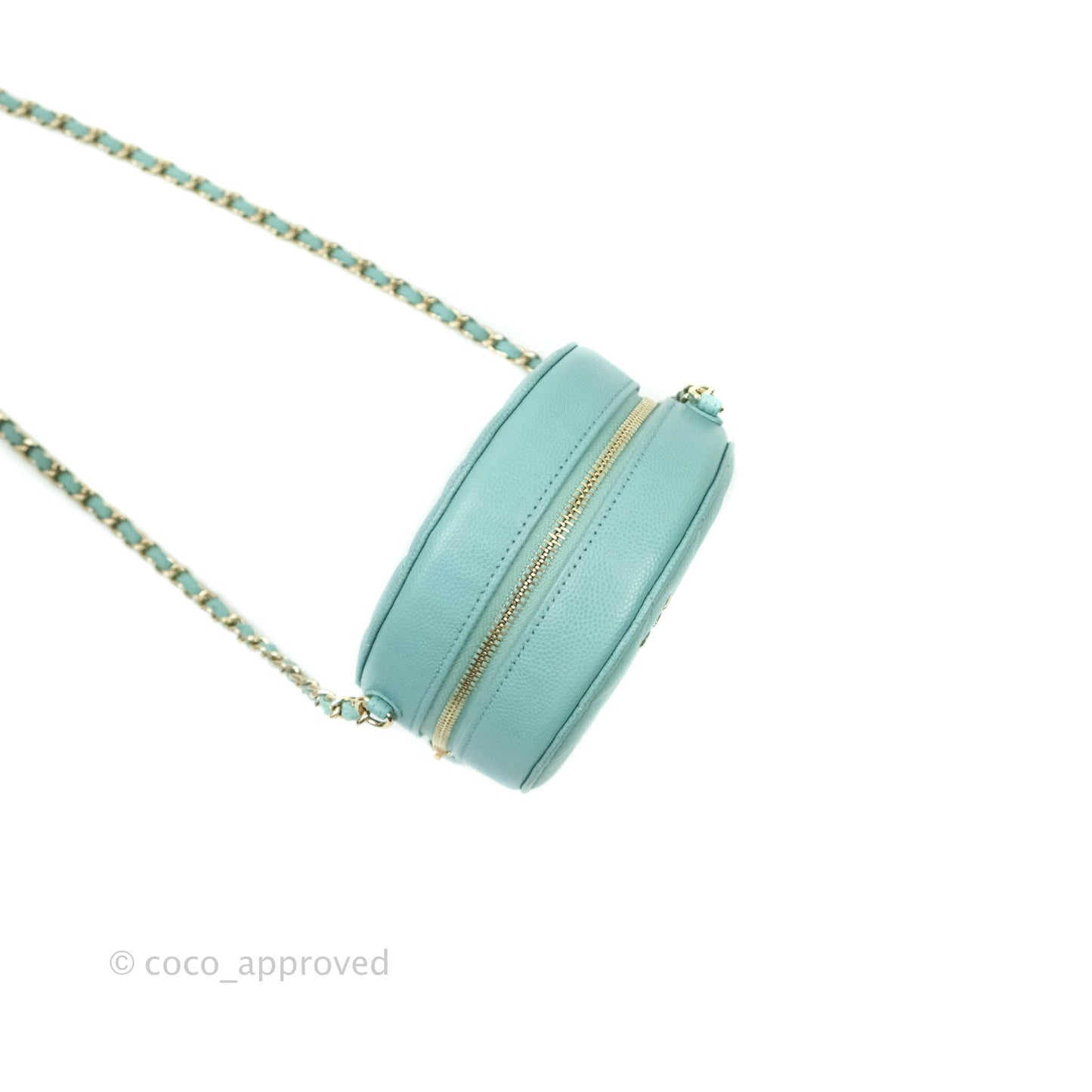 Chanel Classic Quilted Round Clutch With Chain Tiffany Blue Caviar Gold Hardware