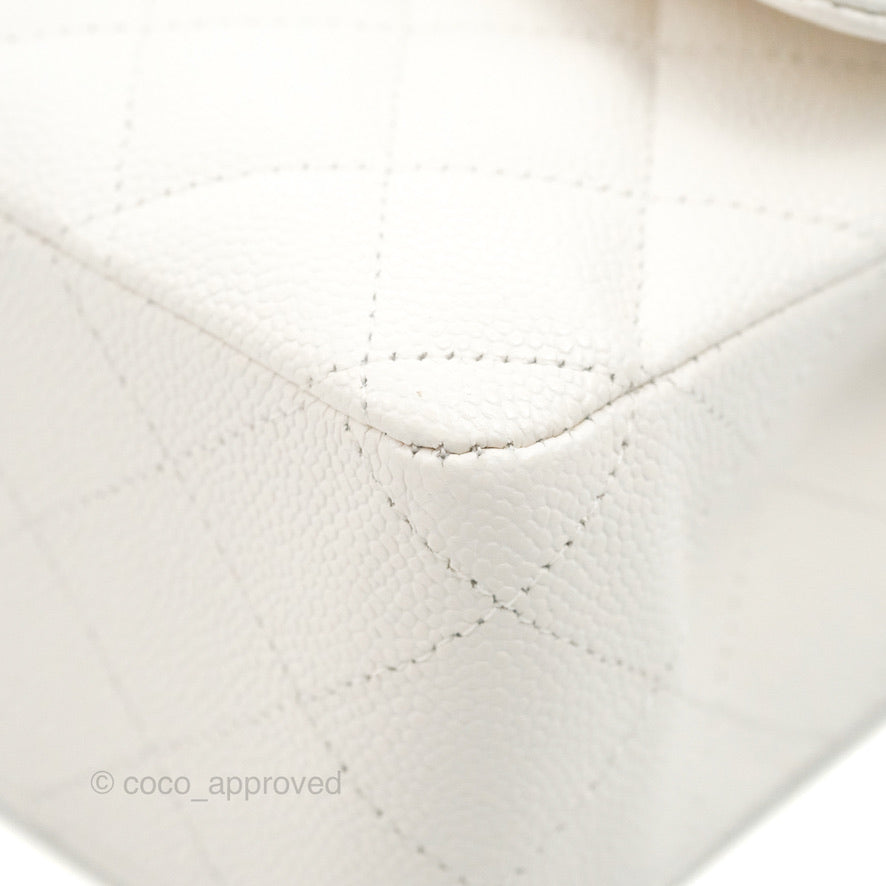 Chanel Classic M/L Medium Double Flap White Caviar Silver Hardware