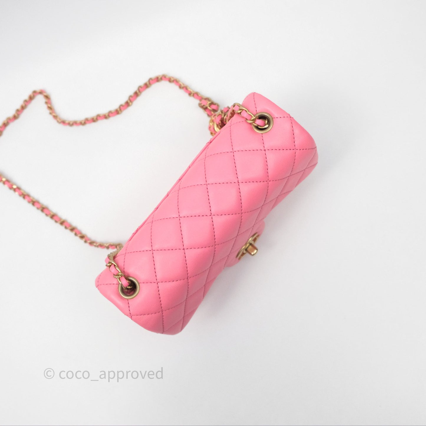 Chanel Mini Rectangular Pearl Crush Quilted Pink Lambskin Aged Gold Hardware