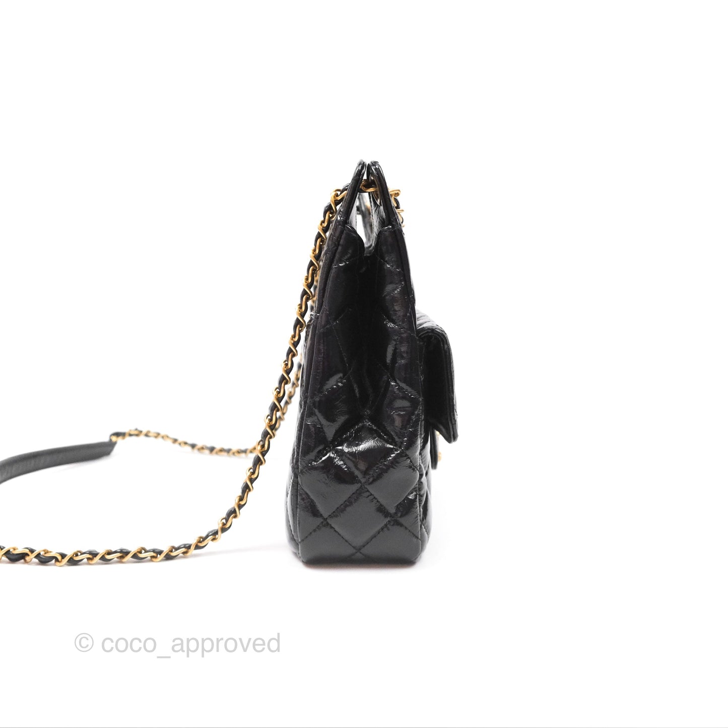 Chanel Medium Quilted Wavy CC Hobo Black Patent Aged Gold Hardware