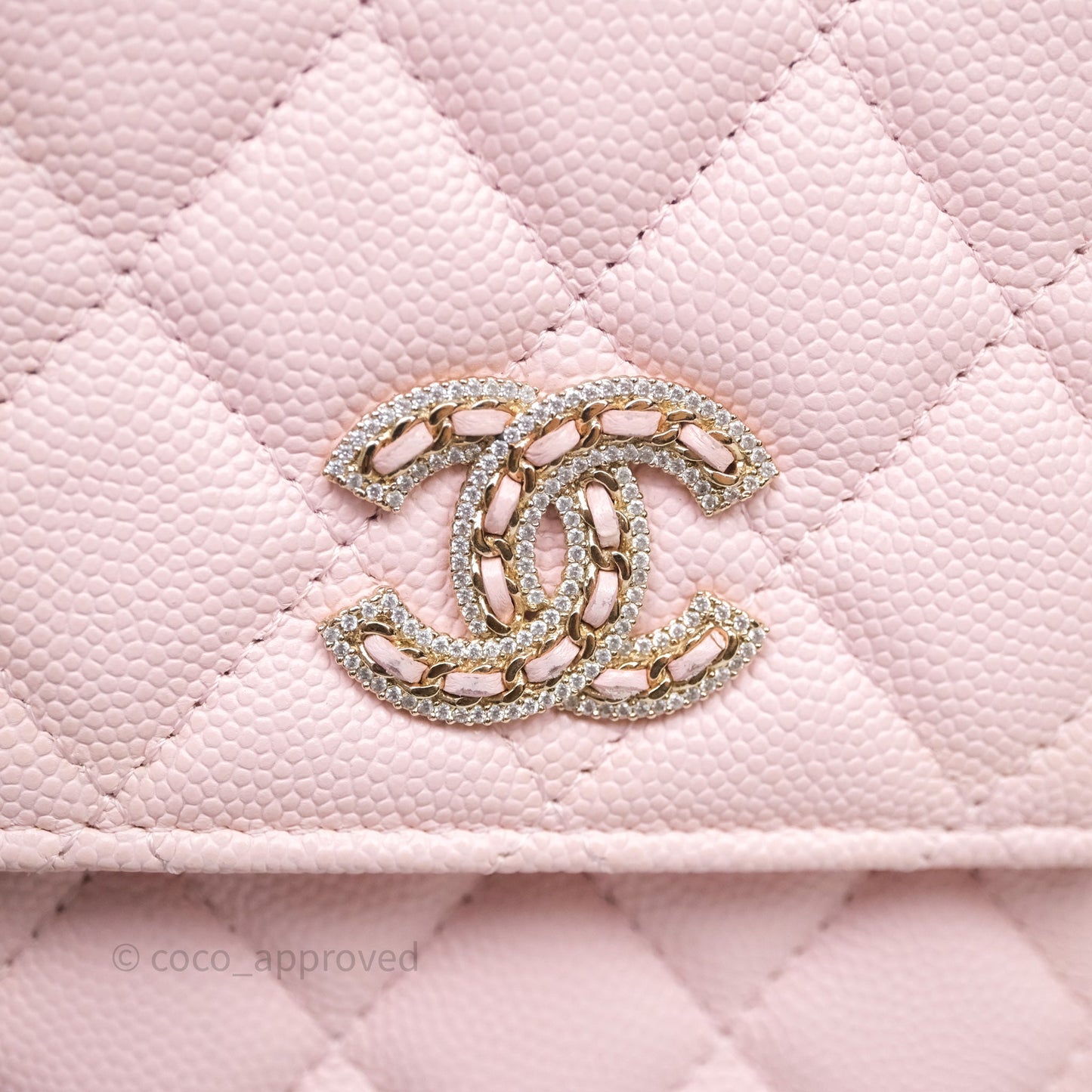 Chanel Quilted Crystal CC Pink Caviar Airpods Phone Case With Chain Light Gold Hardware