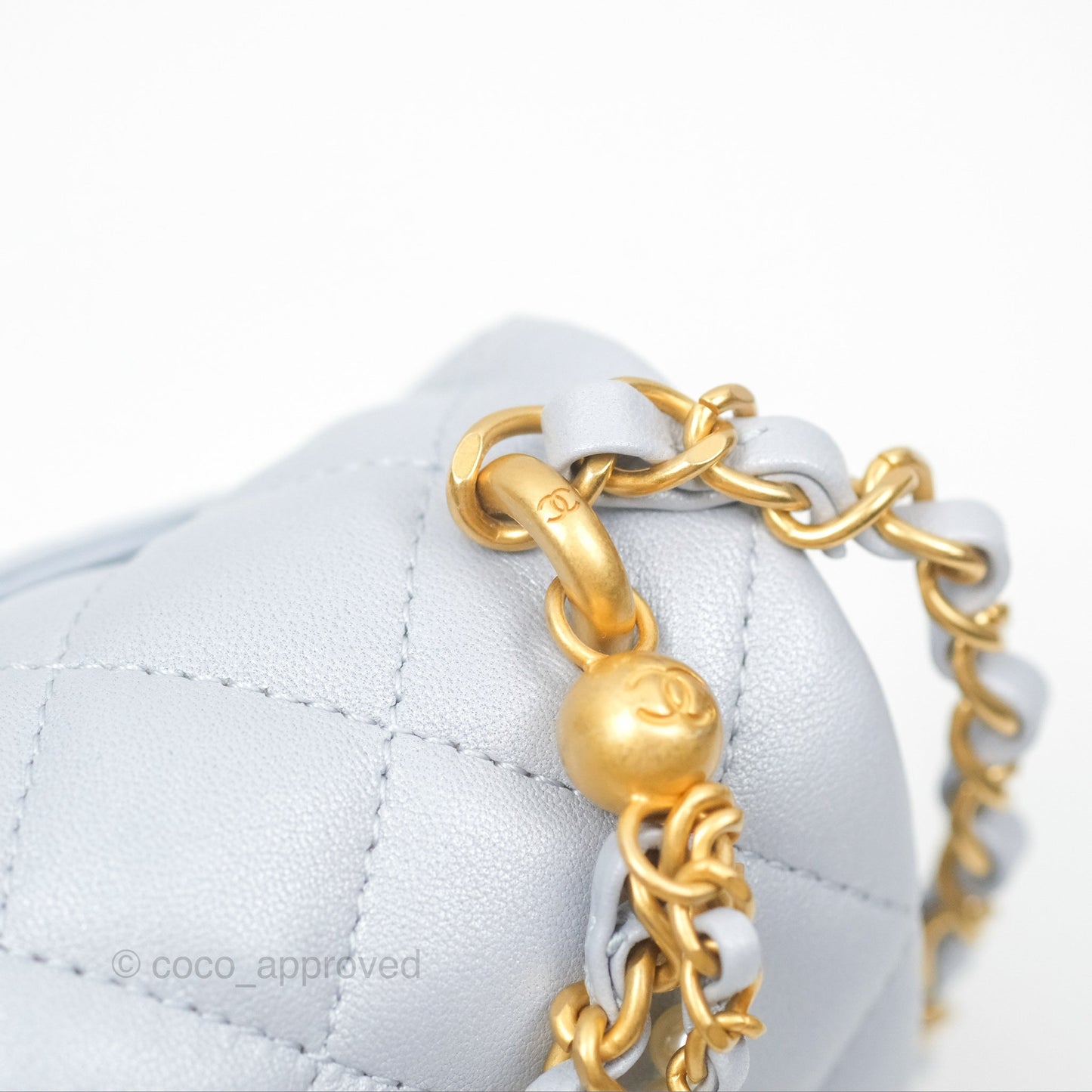 Chanel Mini Flap Bag with Pearl Chain Pearly Light Blue Lambskin Aged Gold Hardware 24P