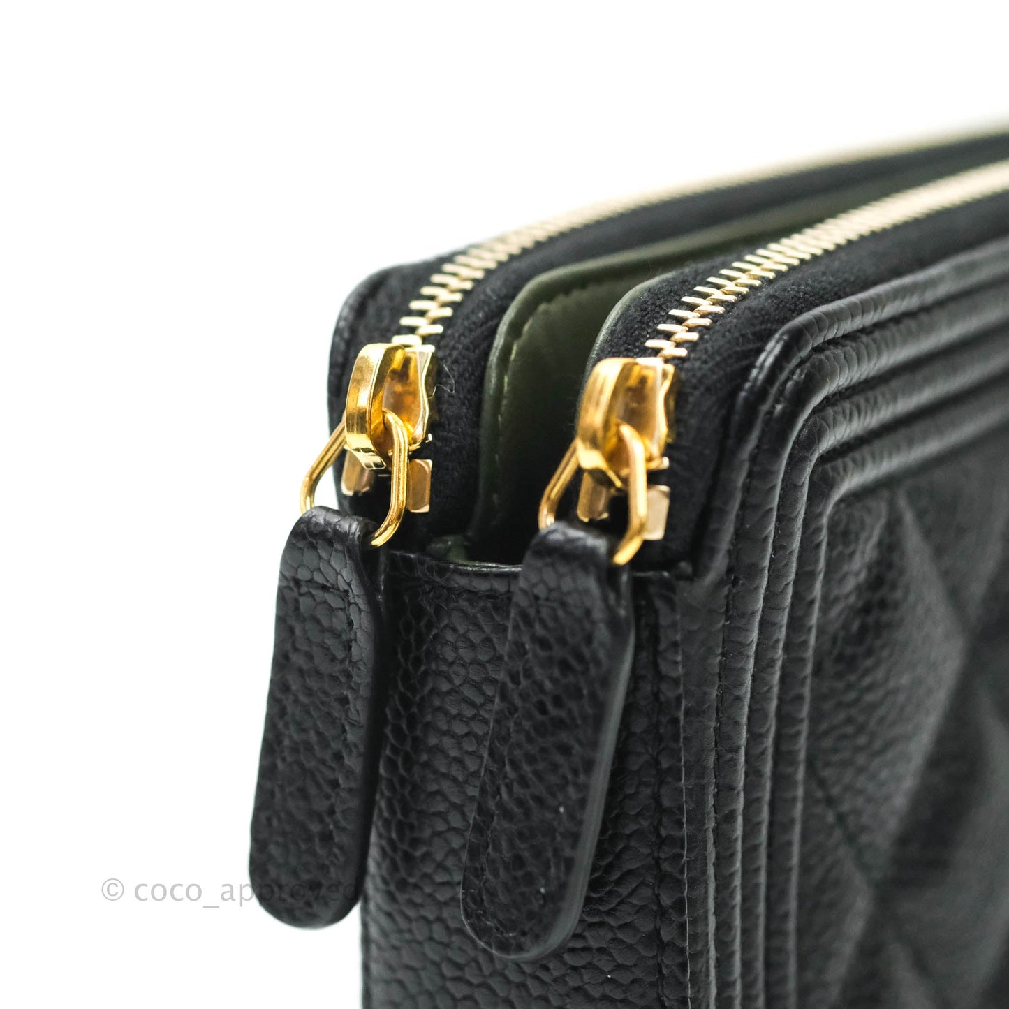 Chanel Le Boy Double Zip Wallet On Chain Caviar Black Aged Gold Hardware