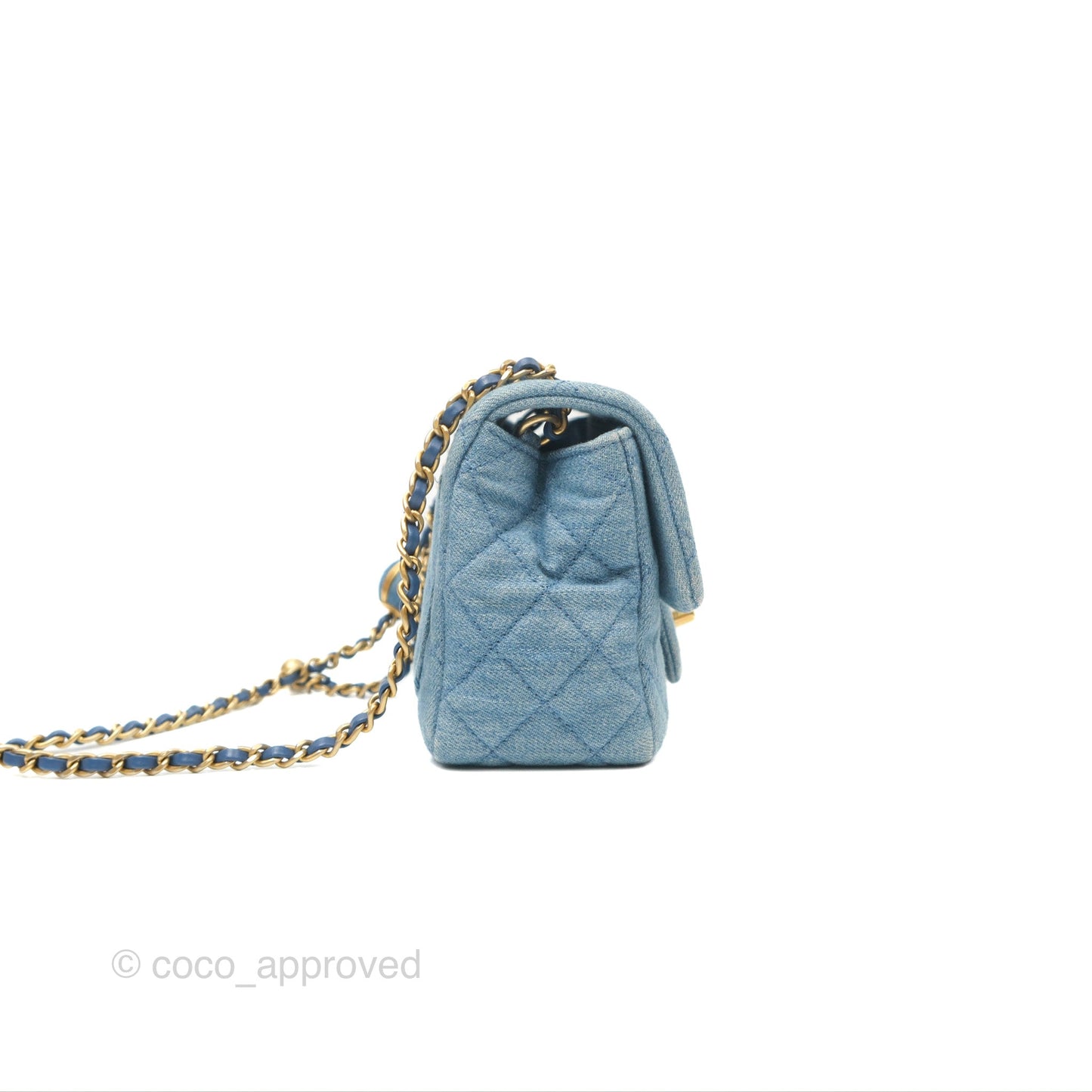 Chanel Mini Square Pearl Crush Quilted Denim Aged Gold Hardware
