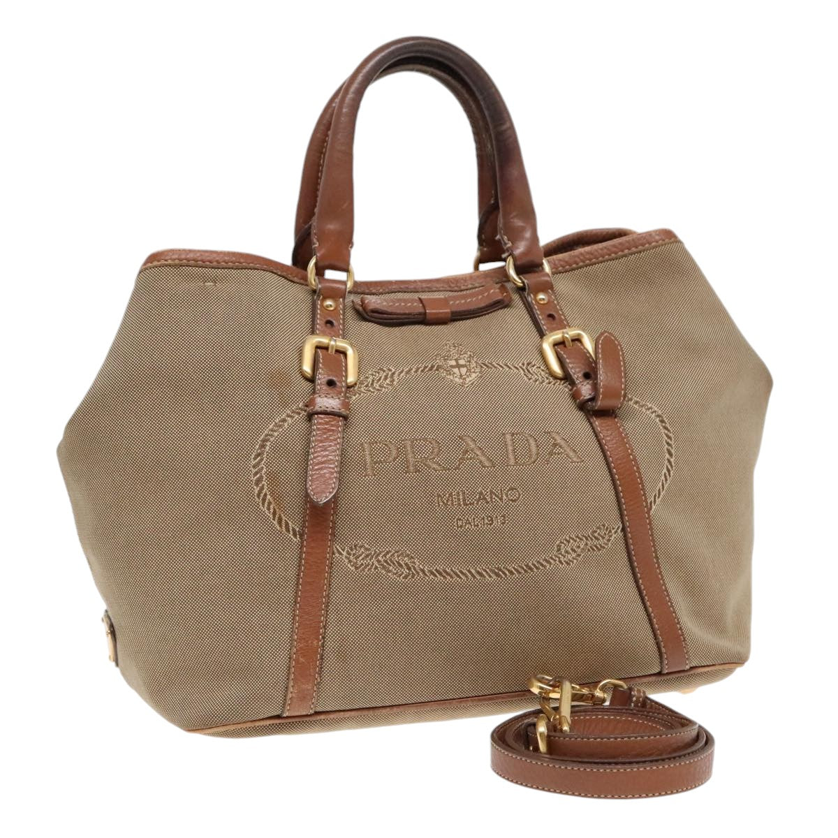 Luxury Prada Tote Bag Canvas Leather 2way Beige Gold  89786
