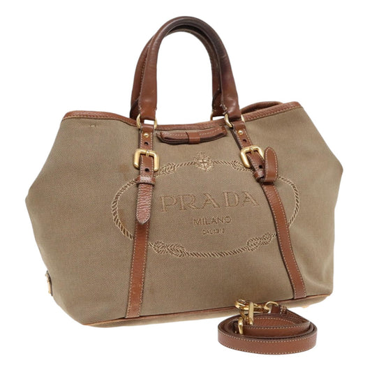 Luxury Prada Tote Bag Canvas Leather 2way Beige Gold  89786