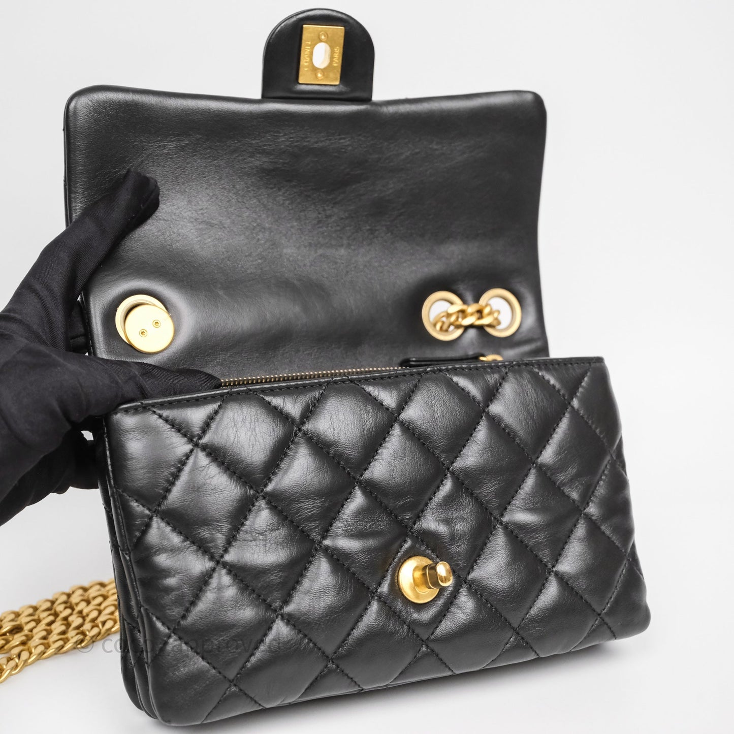 Chanel Small All Slide Adjustable Chain Flap Bag Black Lambskin Aged Gold Hardware 22K