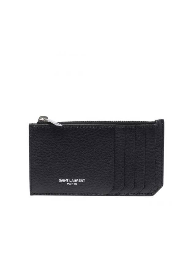 Luxury Saint Laurent Paris Fragment Zippered Leather Card Wallet Black
