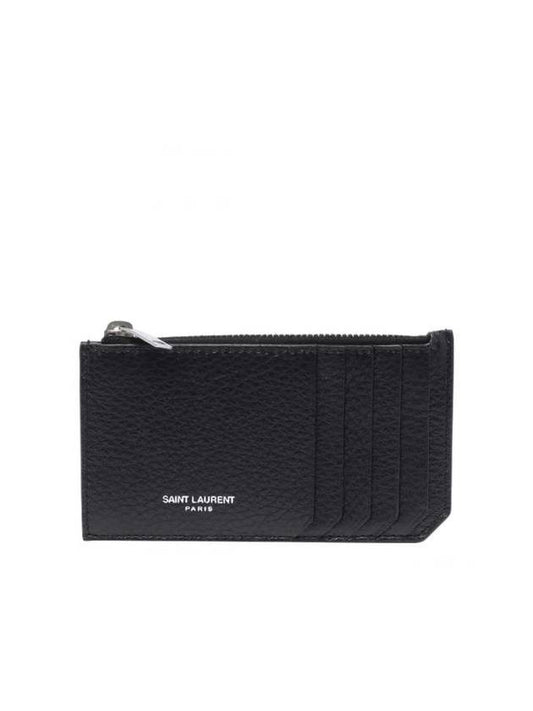 Luxury Saint Laurent Paris Fragment Zippered Leather Card Wallet Black