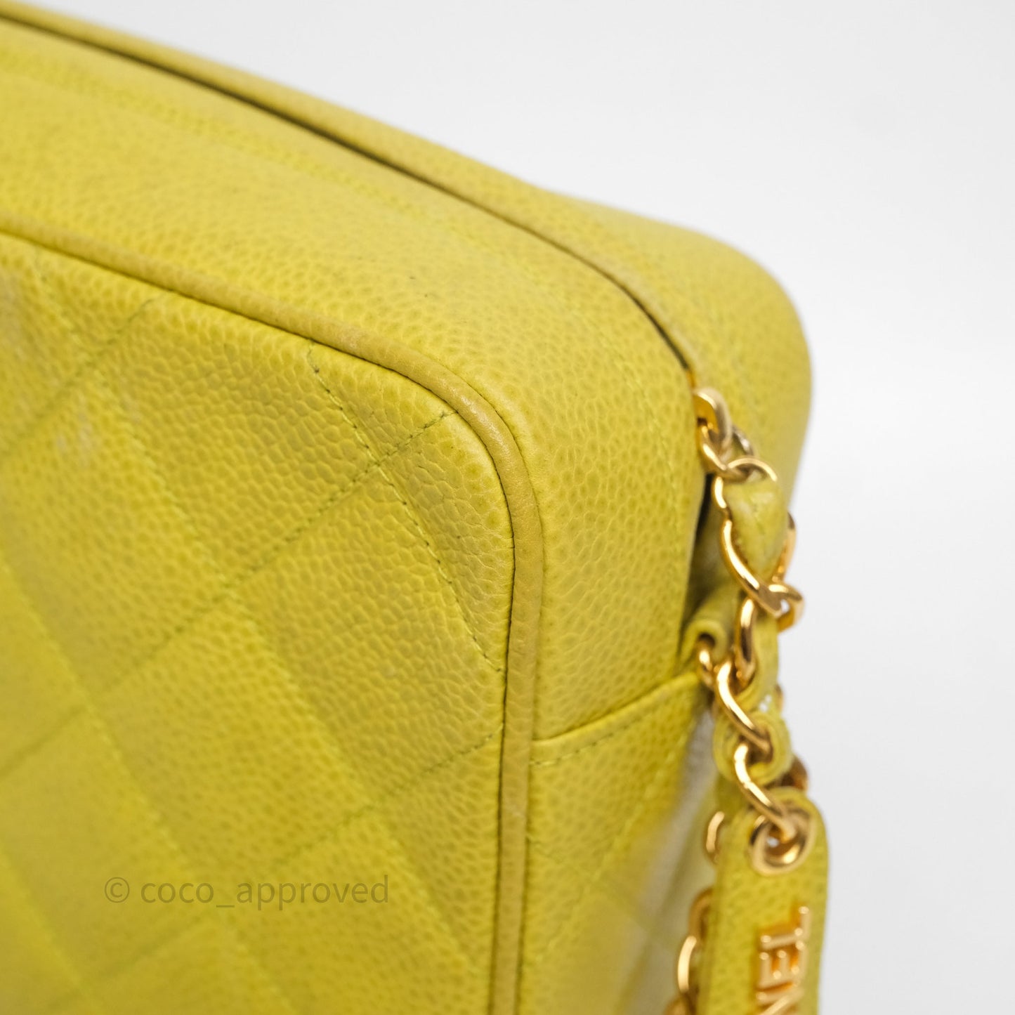 Chanel Vintage Quilted Camera Bag Green Yellow Caviar Gold Hardware