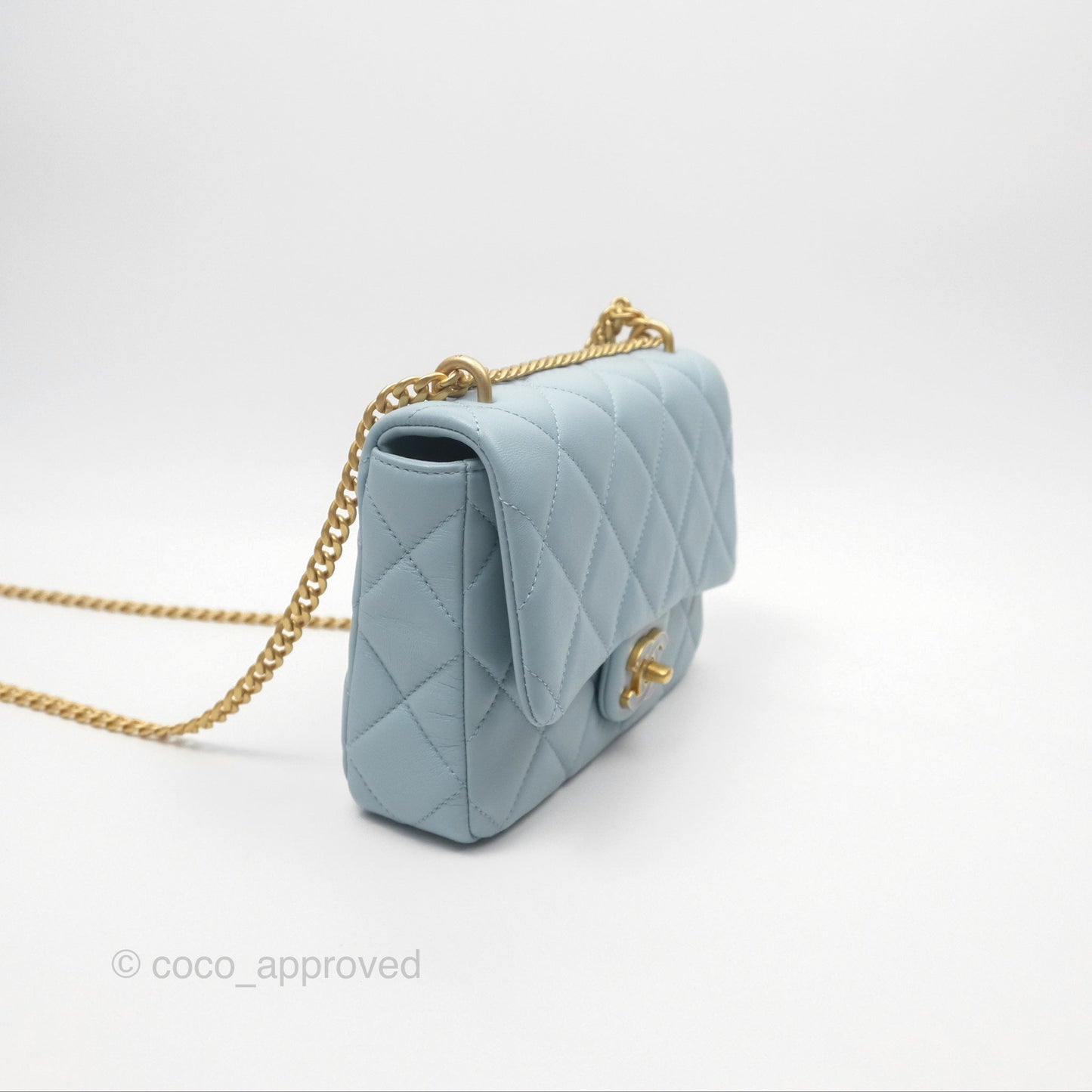 Chanel Quilted Enamel Pending CC Small Square Flap Baby Blue Lambskin 22P