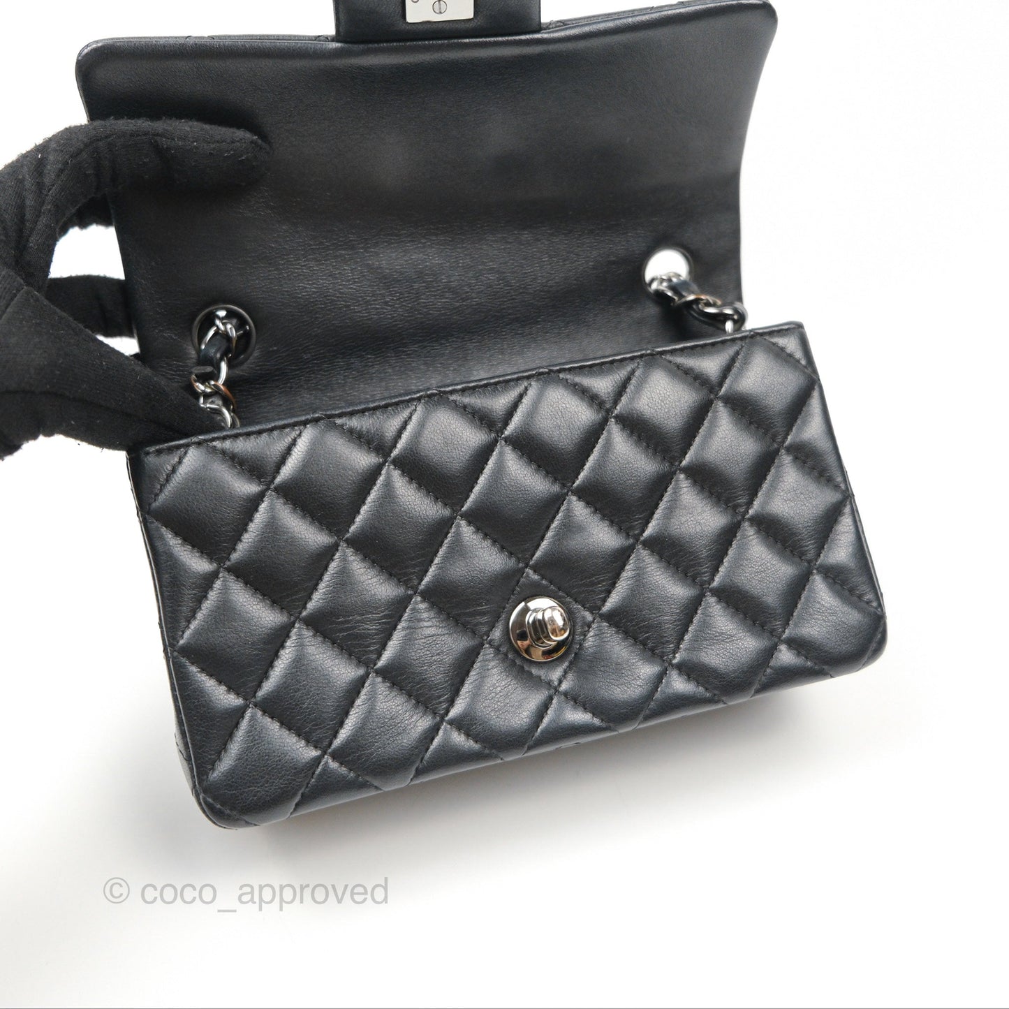 Chanel Quilted Mini Rectangular Flap Black Lambskin Silver Hardware