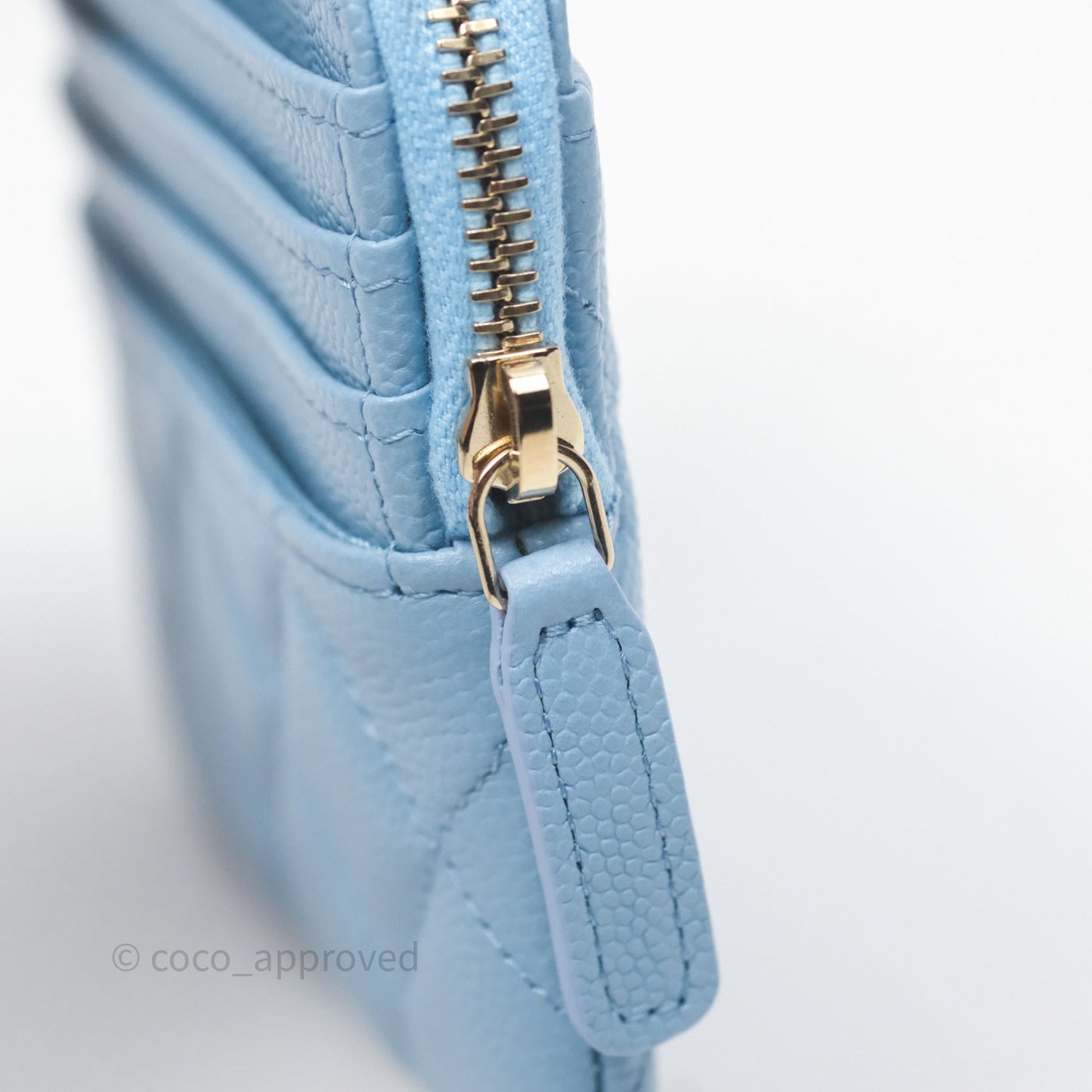 Chanel Quilted Crystal CC Zip Card Holder Wallet Light Blue Caviar Gold Hardware