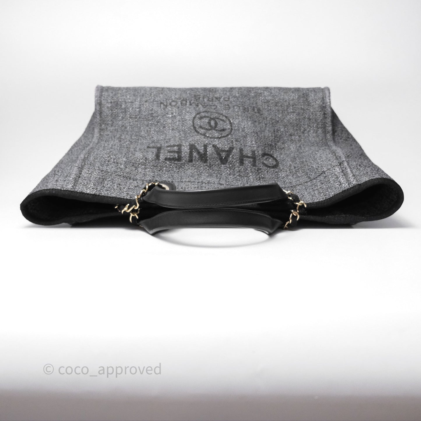 Chanel Large Deauville Glitter Black Grey Raffia Gold Hardware