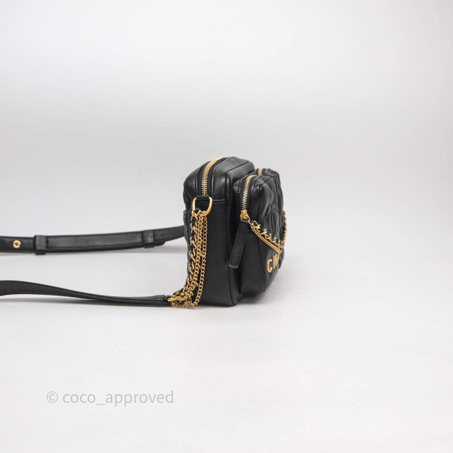 Chanel Small Camera Case Quilted Black Calfskin Aged Gold Hardware 22C