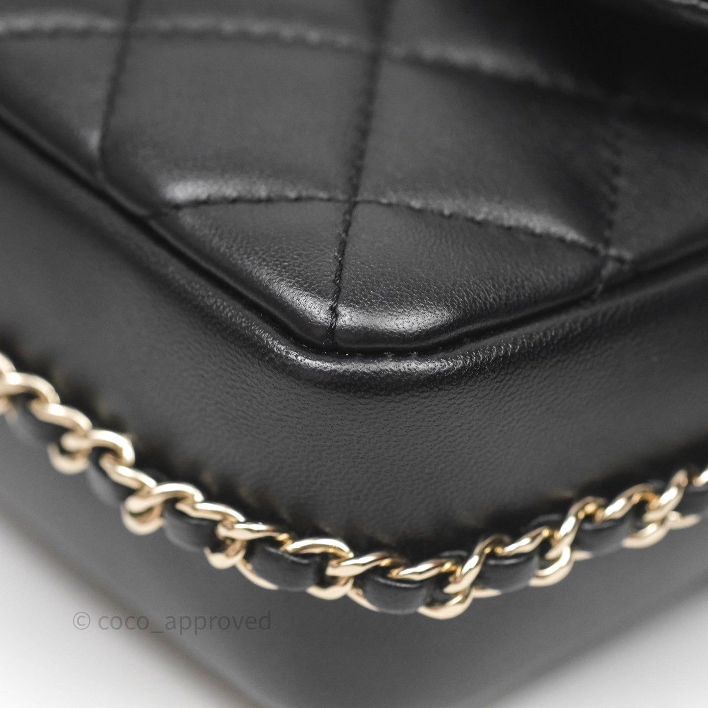 Chanel Logo Pearl Chain Flap Bag Black Lambskin Gold Hardware