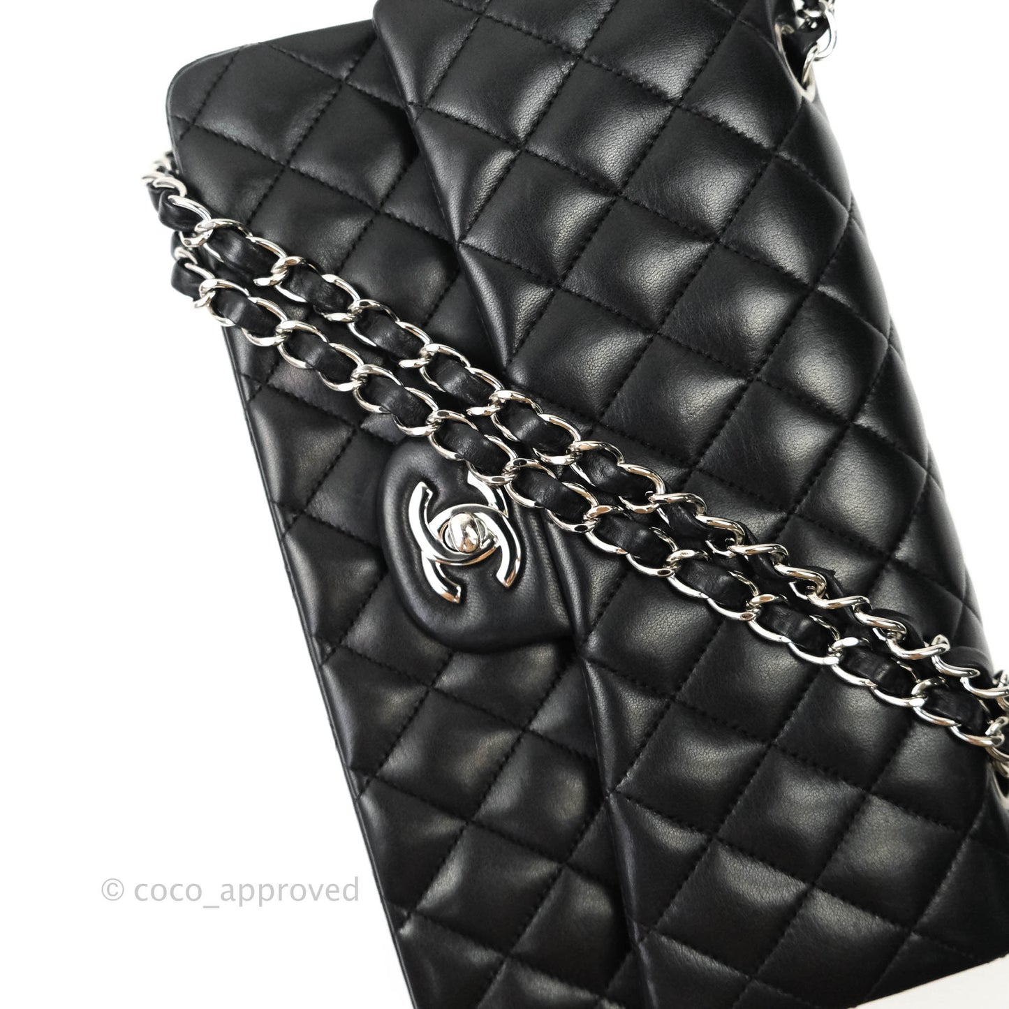 Chanel Classic M/L Medium Double Flap Black Lambskin Silver Hardware
