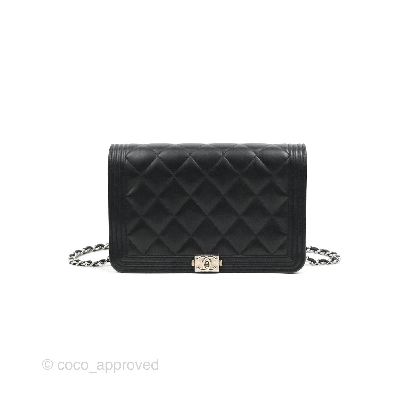 Chanel Quilted Boy Wallet on Chain WOC Black Lambskin Silver Hardware