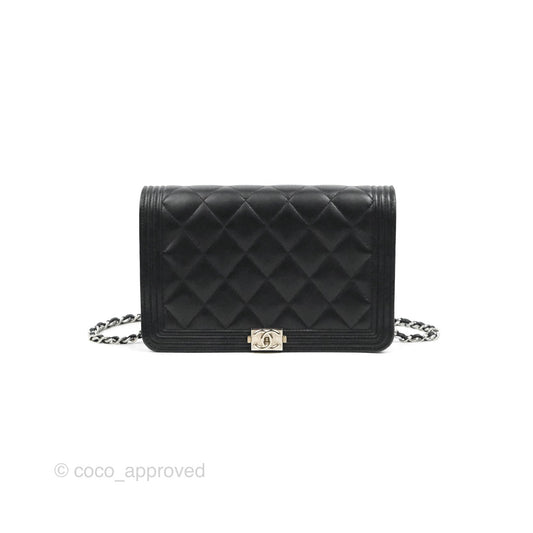 Chanel Quilted Boy Wallet on Chain WOC Black Lambskin Silver Hardware