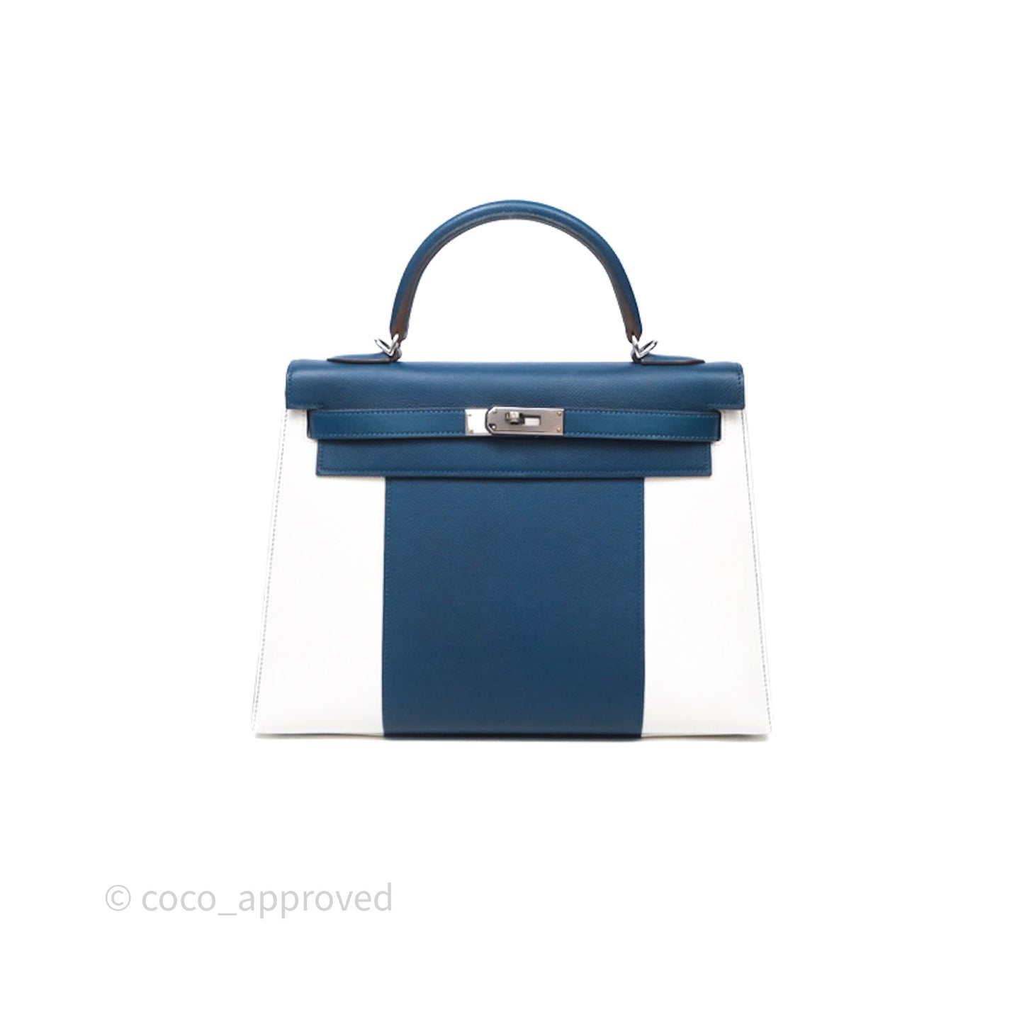 Hermès Kelly 32 Sellier Bleu Thalassa 7A/ White Epsom Palladium Hardware