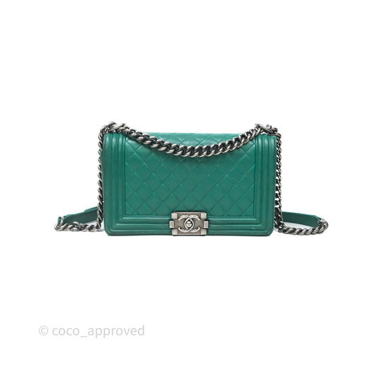 Chanel Medium Boy Quilted Green Lambskin Ruthenium Hardware