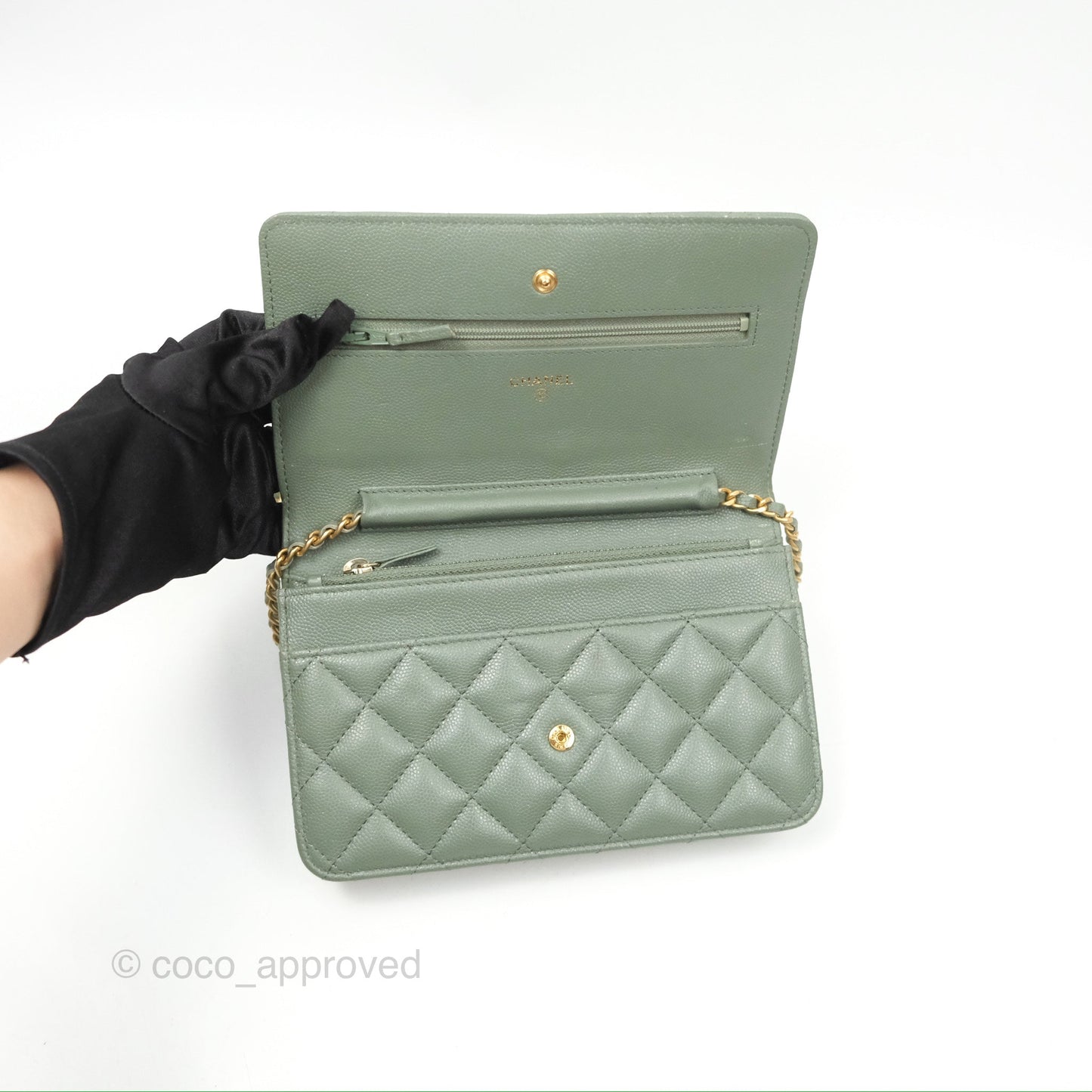 Chanel Classic Quilted Wallet On Chain WOC Glitter Dark Tiffany Green Caviar Aged Gold Hardware