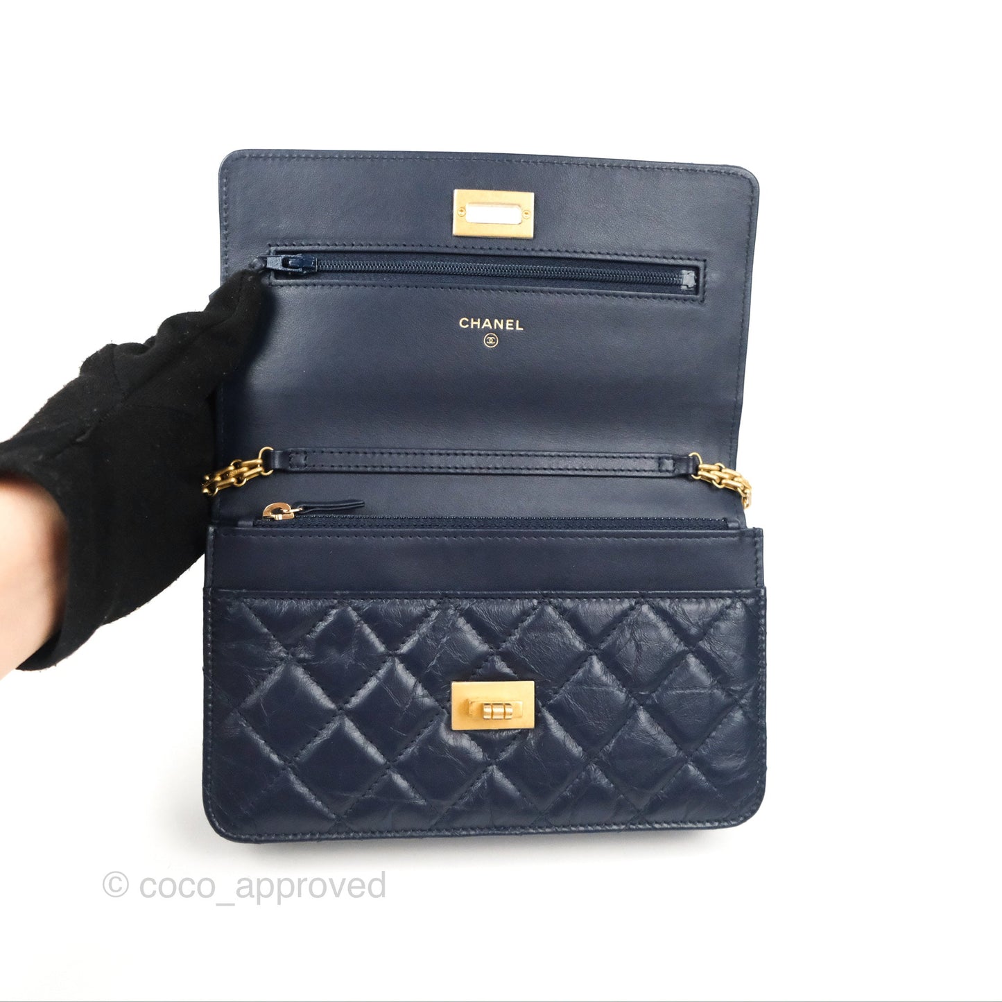 Chanel Quilted Reissue Wallet On Chain WOC Navy Aged Calfskin Gold Hardware