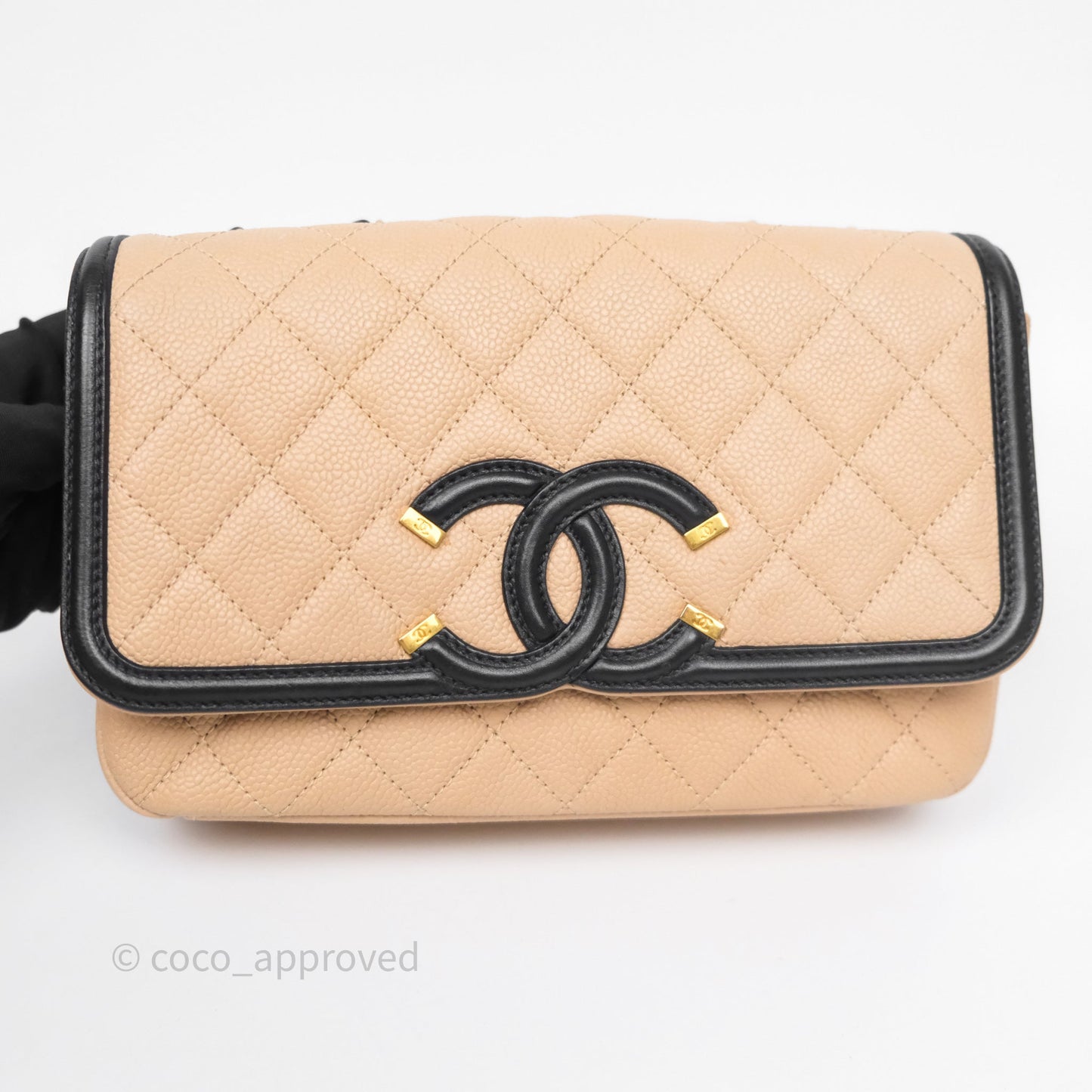 Chanel Small CC Filigree Flap Quilted Beige Black Caviar