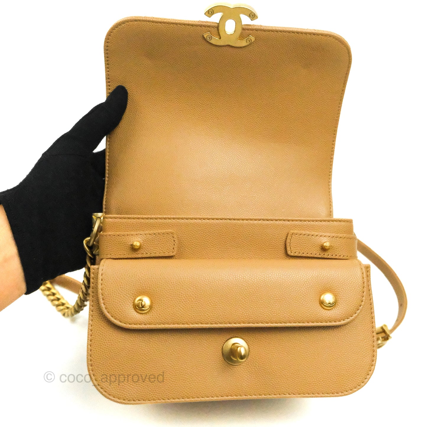 Chanel Mini Messenger Bag Beige Caviar Gold Hardware 21K