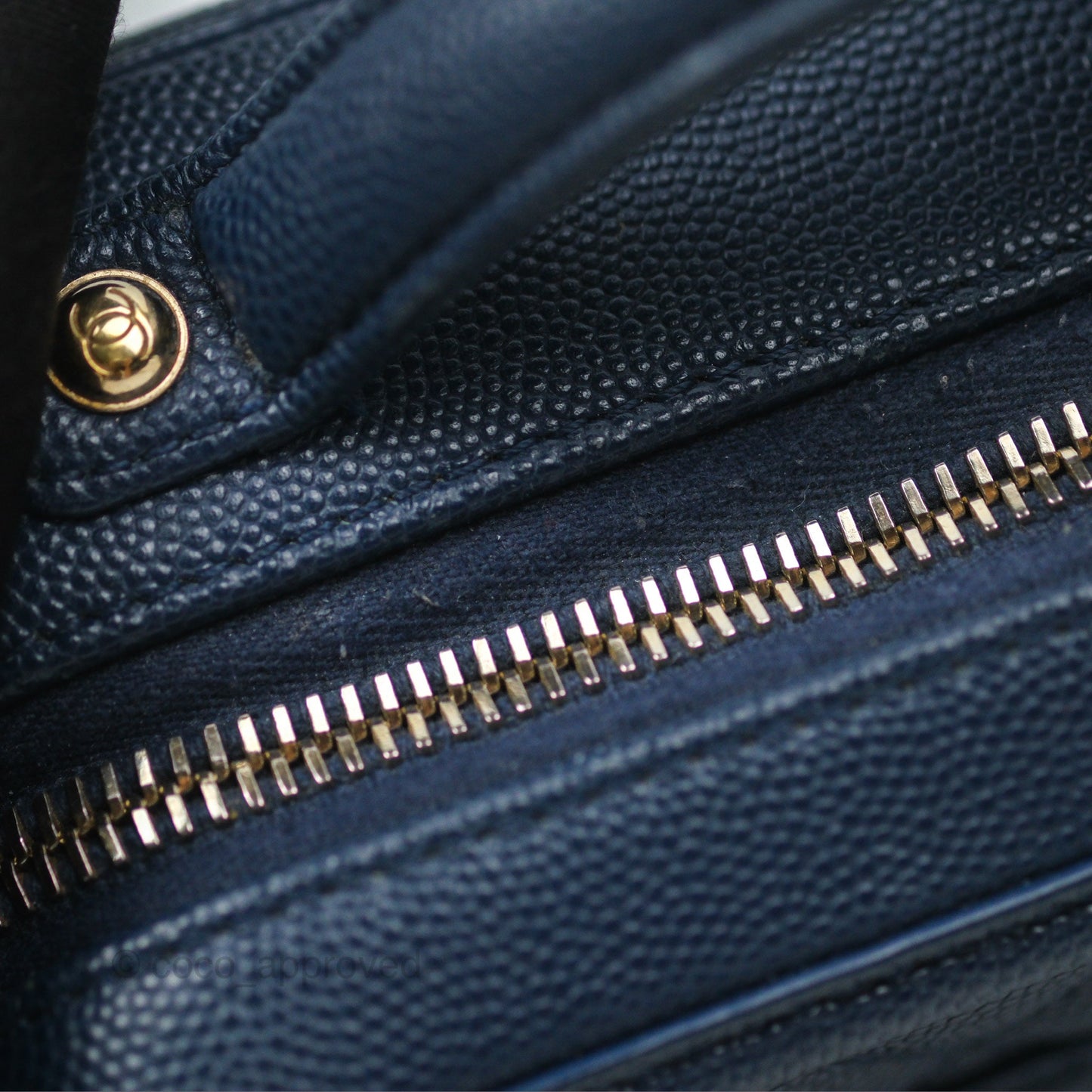 Chanel Quilted Small CC Filigree Vanity Case Navy Caviar Gold Hardware