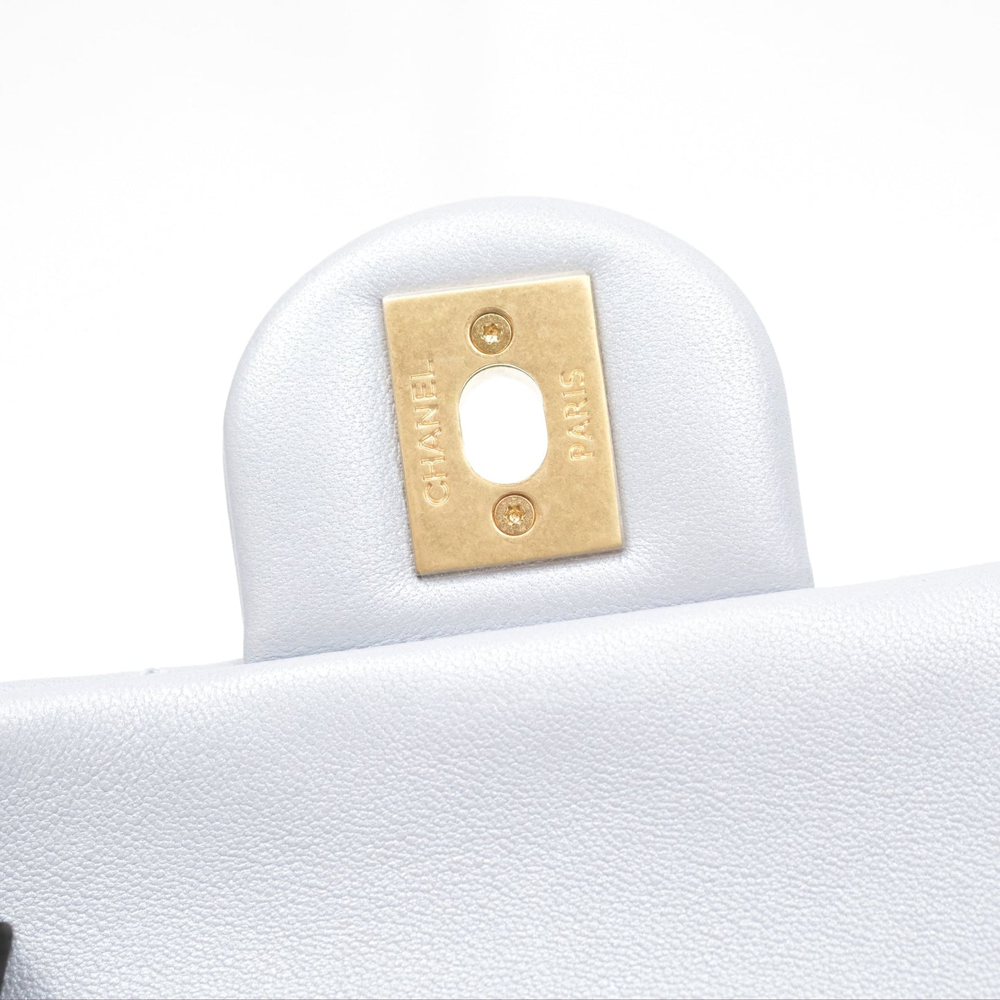 Chanel Pearl Chain Mini Flap Bag Pearly Light Blue Lambskin Aged Gold Hardware 24P
