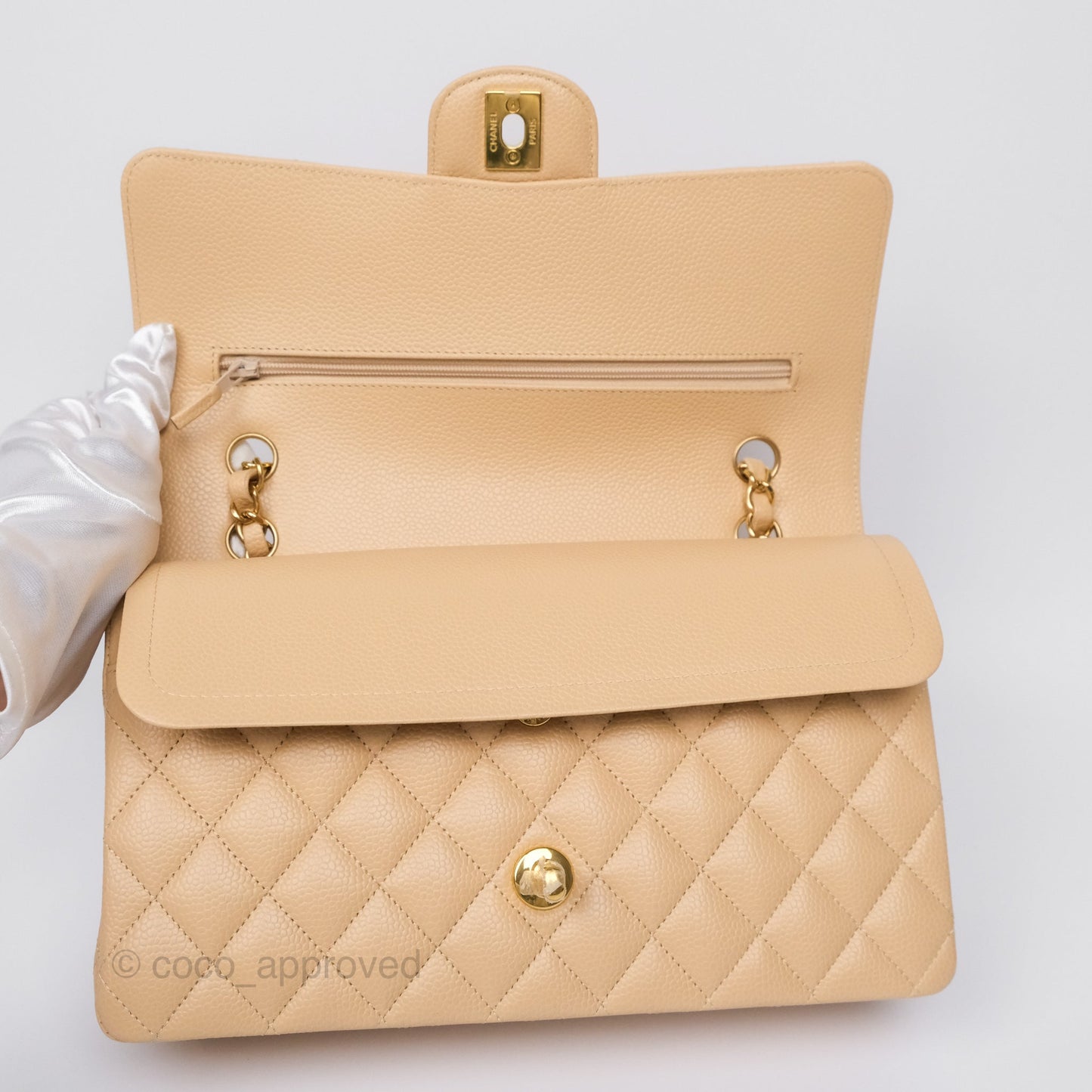 Chanel Classic M/L Medium Flap Quilted Beige Caviar Gold Hardware