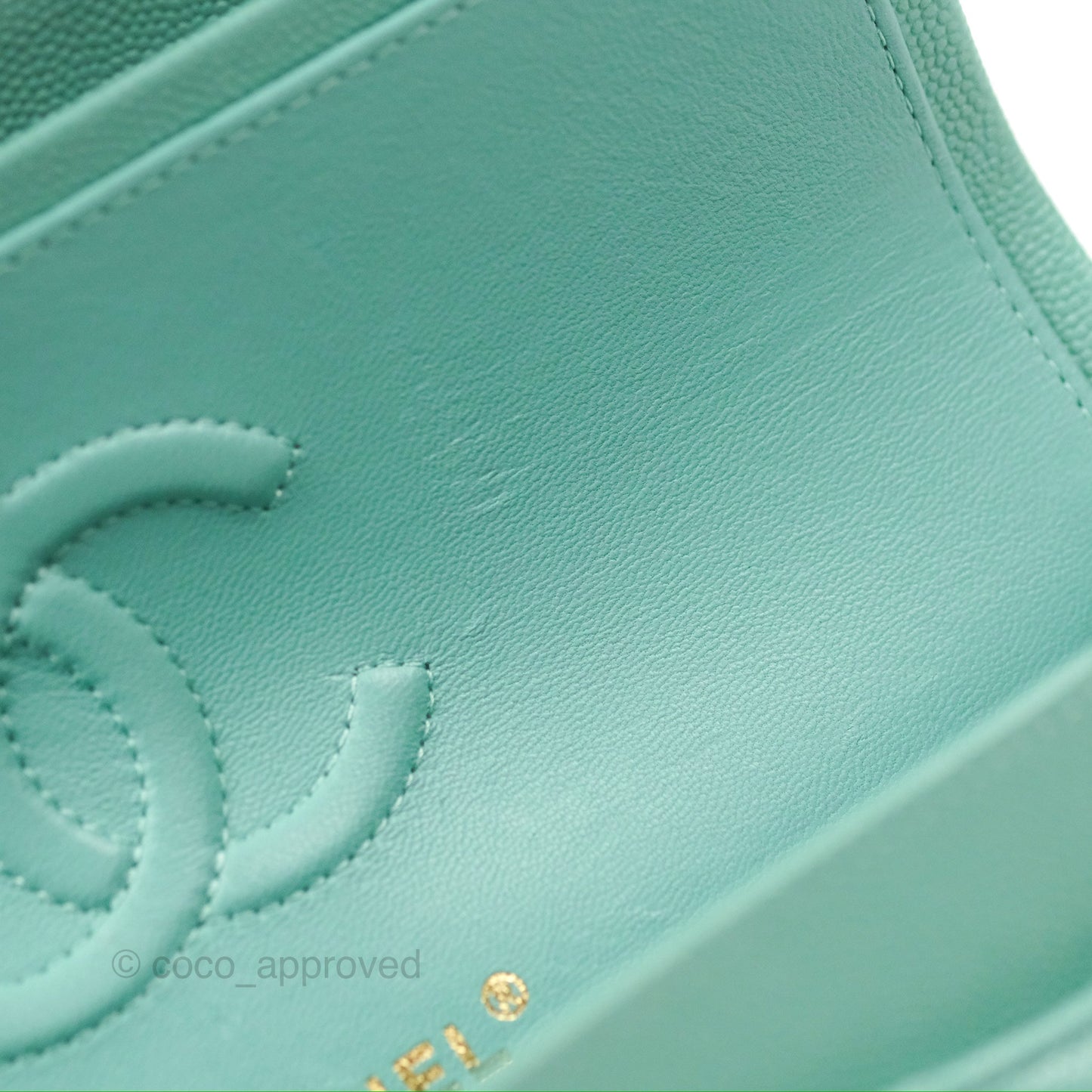 Chanel Small Classic Quilted Flap Tiffany Green Caviar Gold Hardware