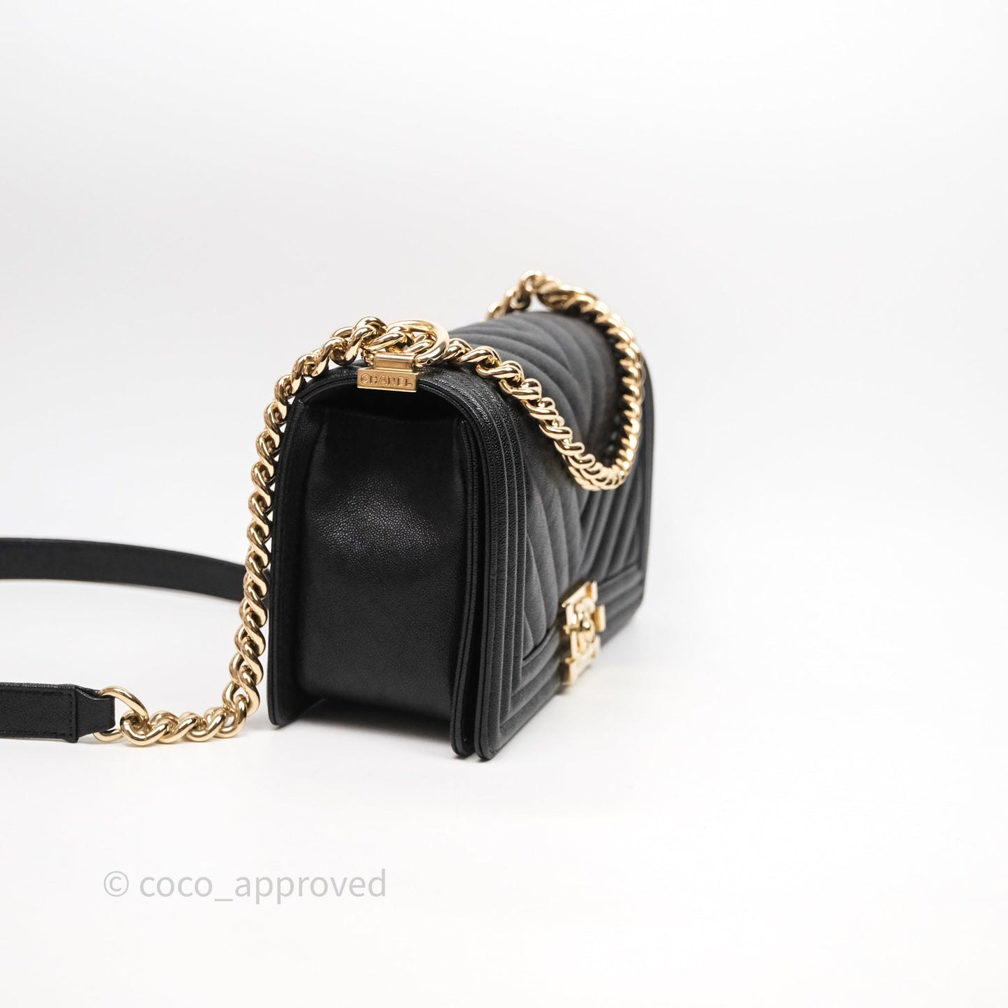 Chanel Medium Boy Chevron Black Caviar Light Gold Hardware